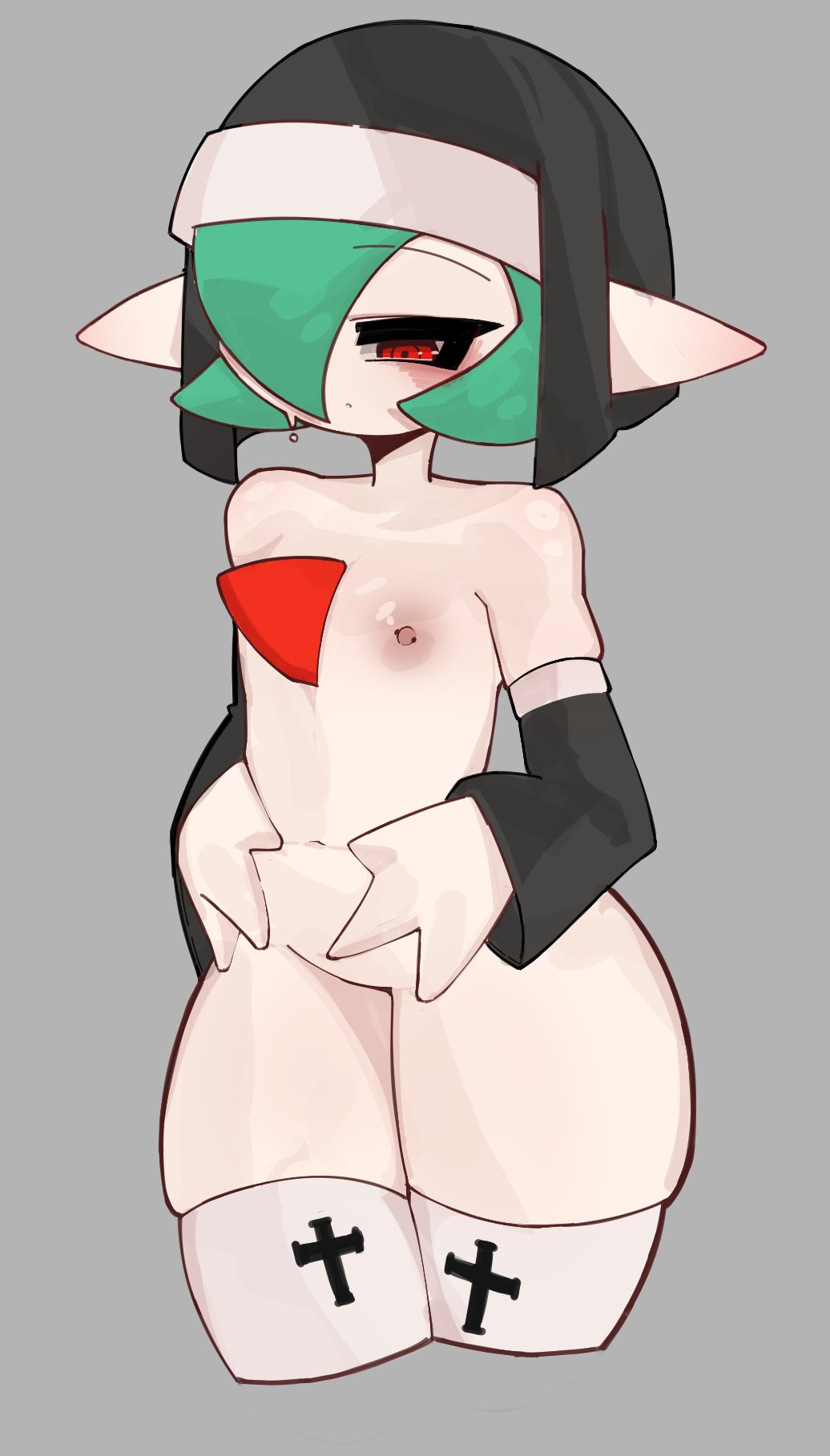 1girls belly flat_chest flat_chested gardevoir hands_on_belly materenho nun nun's_habit nun_outfit pokemon thighhighs thighs