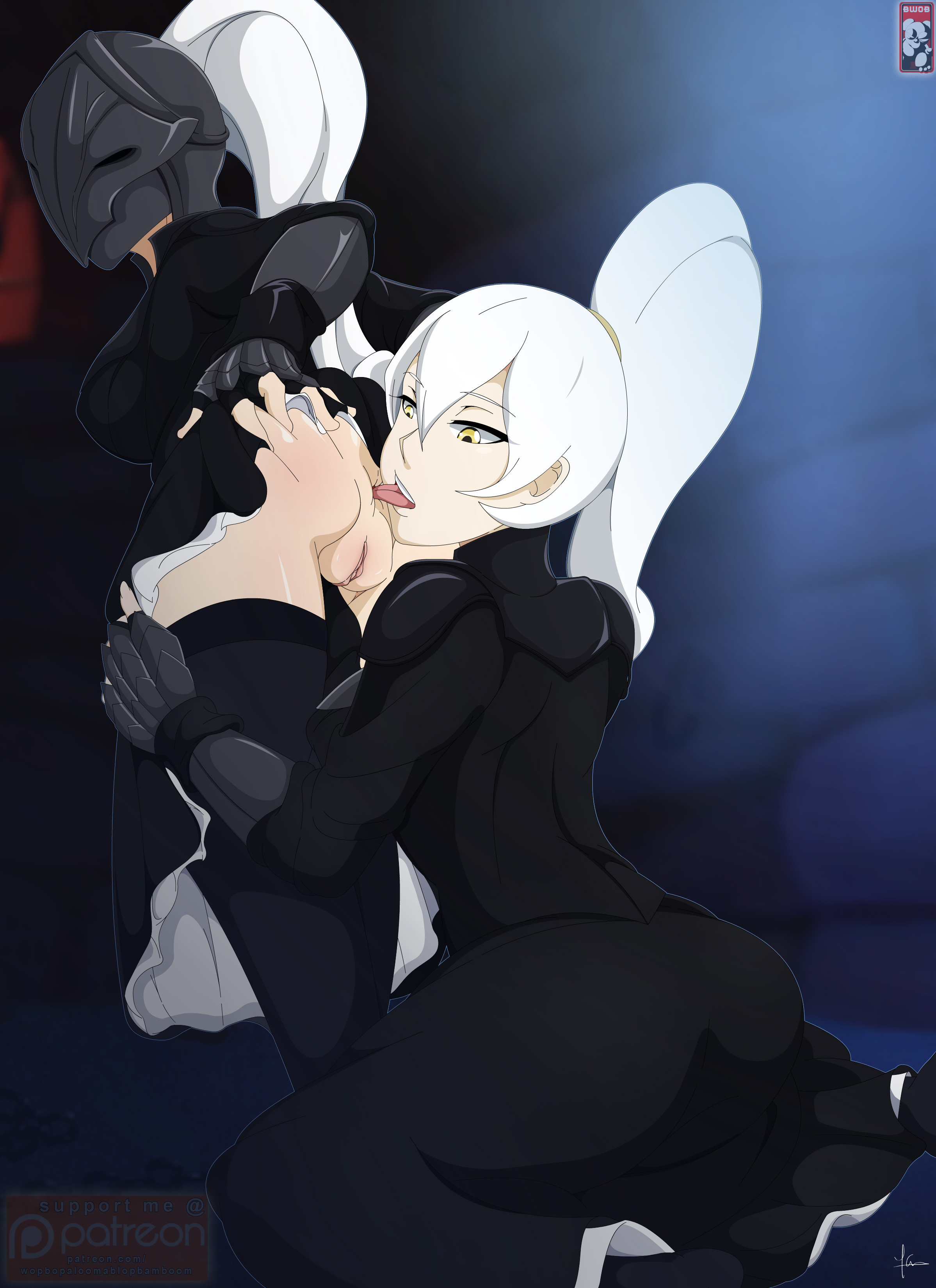 2girls, anilingus, anus, armor, armored dress, ass, ass grab, breasts, bwob, dark souls, dark souls 3, dress, dress lift, female, fromsoftware, hand on ass, helmet, kneeling, lilianne of londor, looking back, mask, multiple females, multiple girls, ponytail, pussy, rimjob, rimming, spread ass, stockings, thigh grab, tongue, white hair, yellow eyes, yuri, yuria of londor