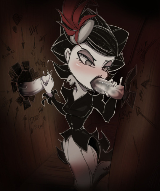 1girls 2boys annoyed blowjob bodily_fluids charlie_(don't_starve) clothed don't_starve don't_starve_together dont_starve dont_starve_together female glory_hole goth klei_entertainment male penis penis_in_mouth saucy-scones unseen_male_face