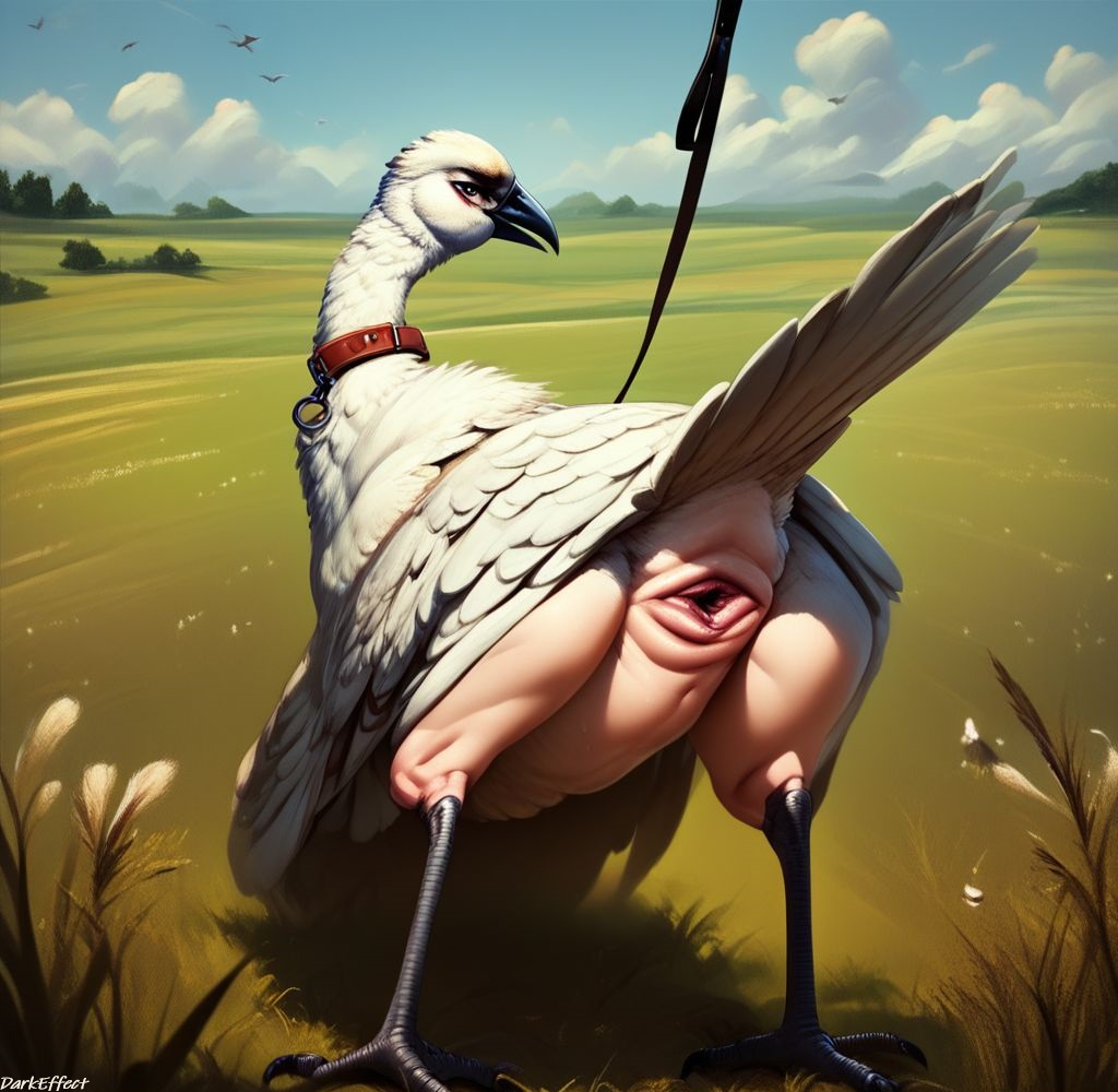 ai_generated avian cloaca collarbone darkeffect feathers feral girls leash looking_back original_character outdoors partially_clothed presenting_hindquarters pussy rear_view solo solo_female solo_feral solo_focus