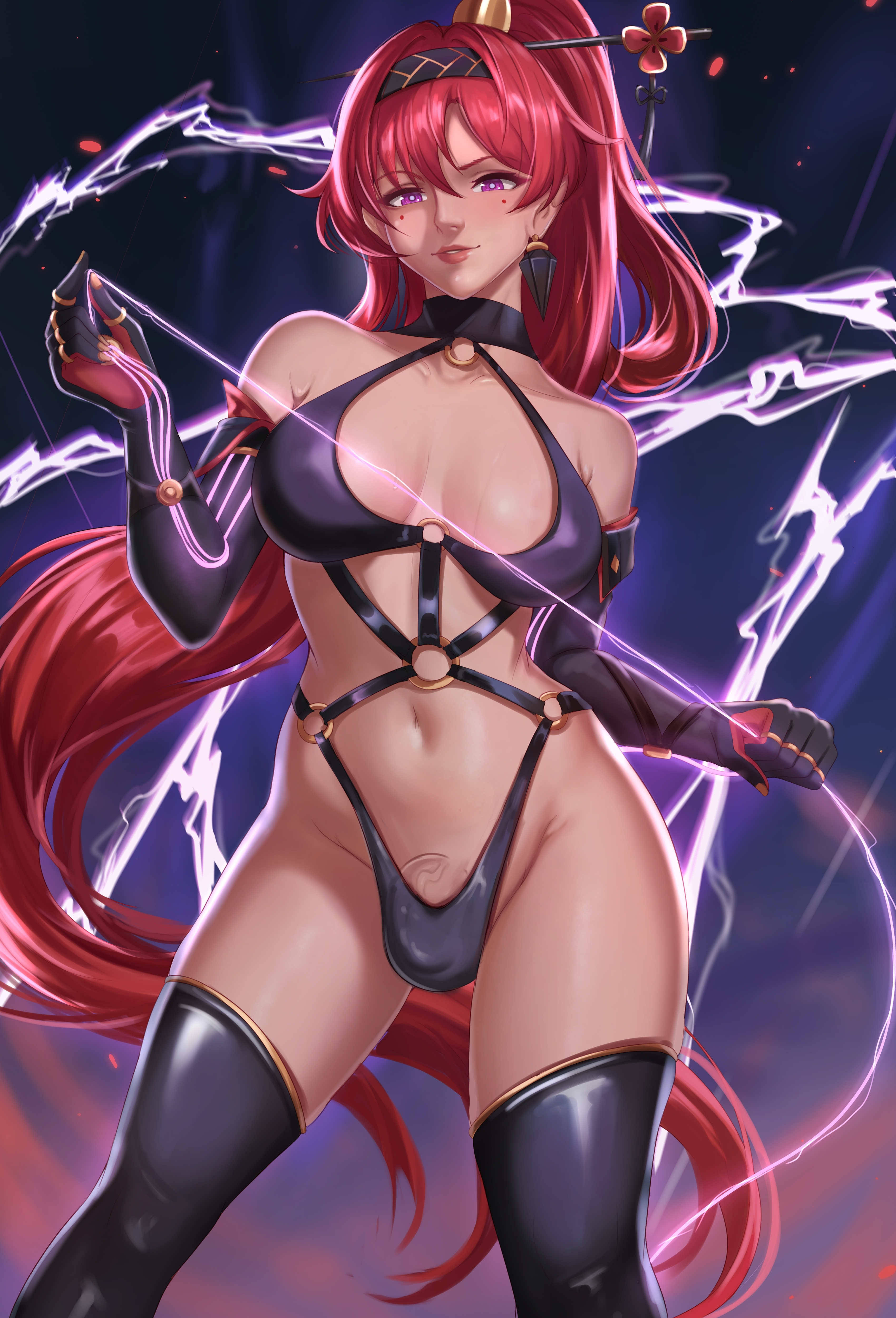 1futa, 2024, areolae, balls, big breasts, big penis, breasts, clothed, erection, exlic, futa only, futanari, human, intersex, light skin, light-skinned futa, long hair, pelvic line, penis, ponytail, red hair, smile, solo, standing, wuthering waves, yinlin (wuthering waves)
