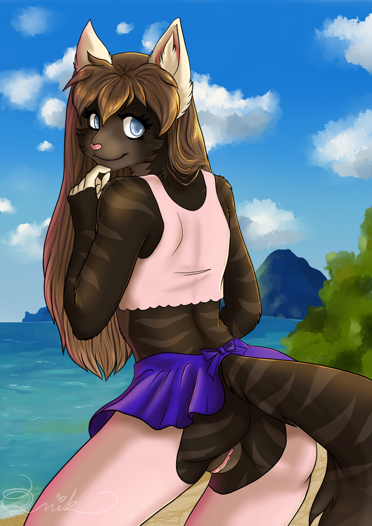 2018 5_fingers anthro ass beach biped black_fur black_tail blue_eyes brown_hair cheek_tuft clothing cloud countershade_torso countershading crop_top easy_access eyelashes feline female fingerless_(marking) fluffy fluffy_tail fur furgonomics grey_countershading grey_fur grey_stripes grey_tail hair half-length_portrait humanoid_hands inner_ear_fluff kiara_aman legwear lighting long_hair looking_back mammal midriff mountain multicolored_fur nature no_underwear outside pink_nose pink_pussy plant portrait presenting presenting_hindquarters presenting_pussy pussy q-nik rear_view sand sea seaside shadow shirt shrub signature skirt sky smile snout solo standing striped_fur striped_tail stripes tail_button_bottoms tail_clothing tank_top thigh_highs tuft two_tone_tail water white_fur