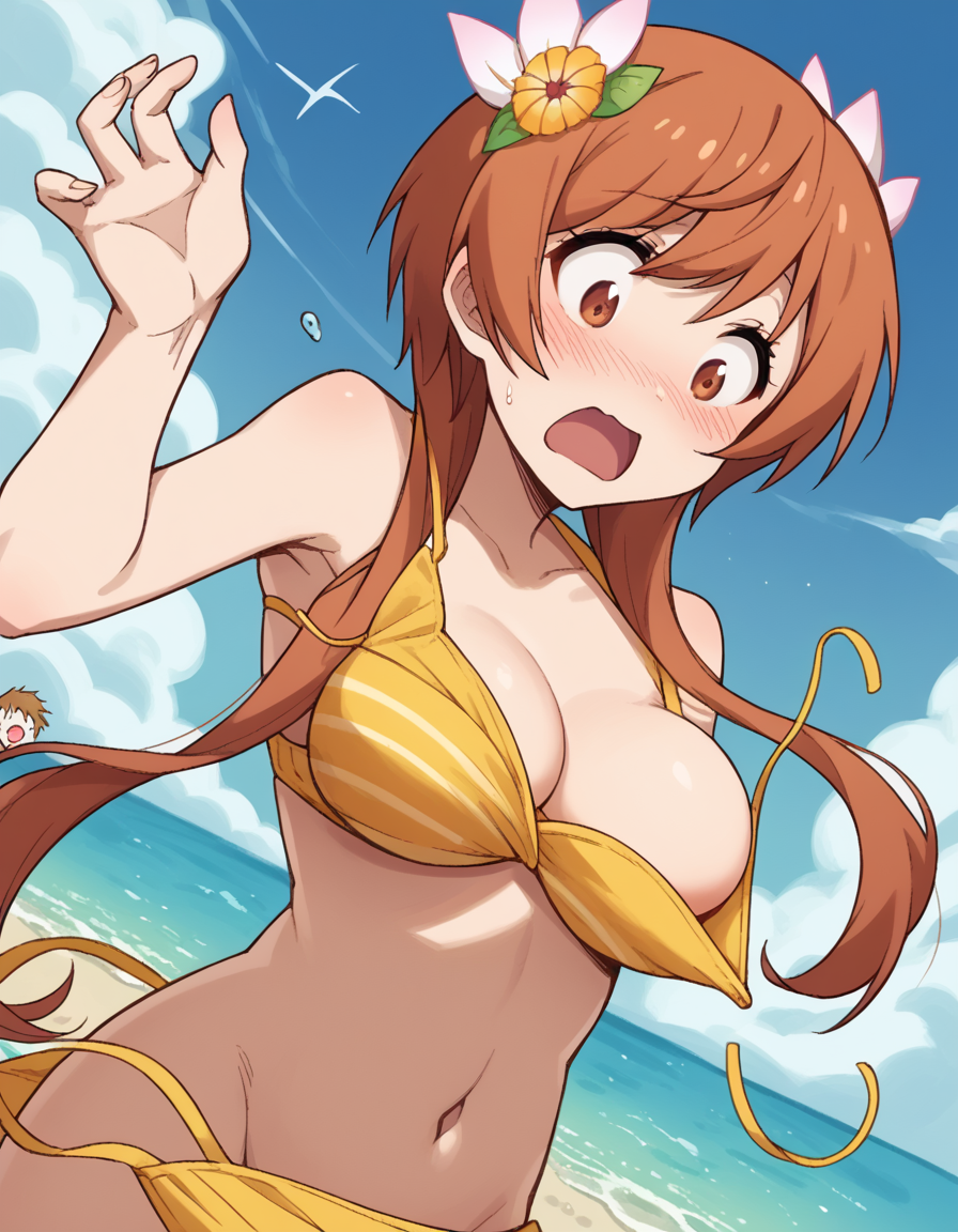 1girls ai_generated brown_hair civitai female female_focus flower flower_in_hair long_hair nisekoi nochekaiser881 pale pale_skin pale_skinned_female tachibana_marika tagme twintails wardrobe_malfunction