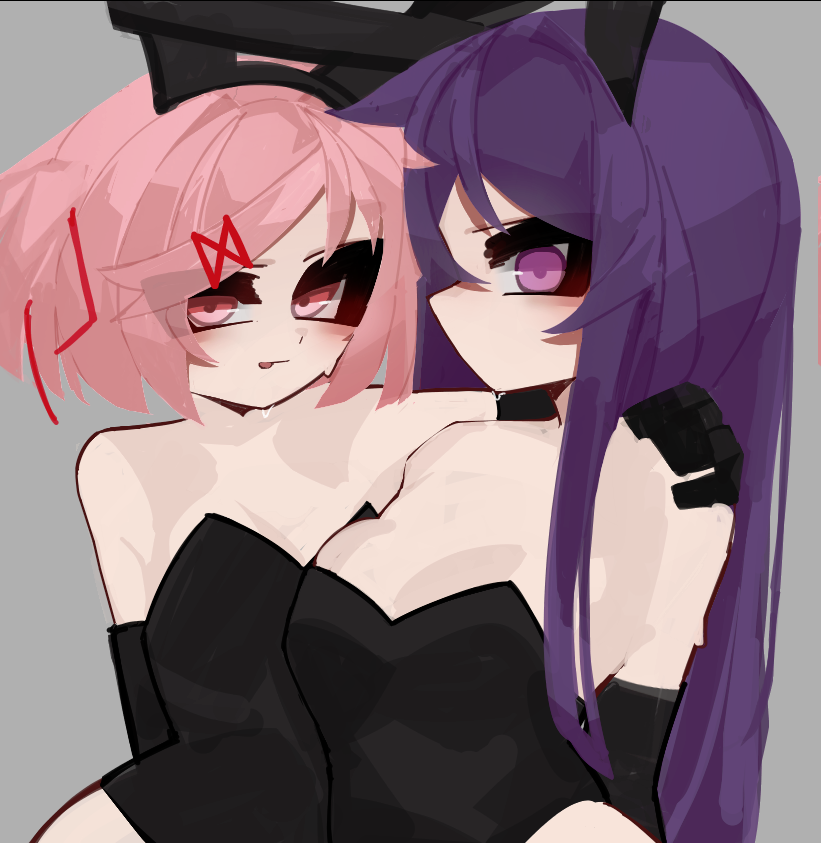 2girls black_gloves bunny_ears bunnysuit doki_doki_literature_club gloves looking_at_viewer materenho natsuki_(doki_doki_literature_club) pink_eyes pink_hair purple_eyes purple_hair yuri_(doki_doki_literature_club)