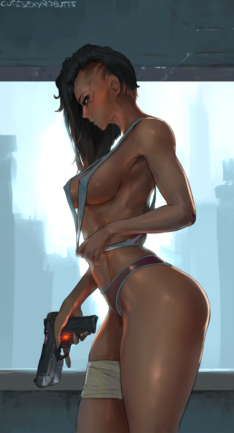 1girls 2018 2d artist_name breasts casual cd_projekt_red cleavage cutesexyrobutts cyberpunk_2077 dark-skinned_female dark_skin female female_only firearm handgun handwear human solo v_(cyberpunk_2077) valerie_(cyberpunk_2077) watermark weapon