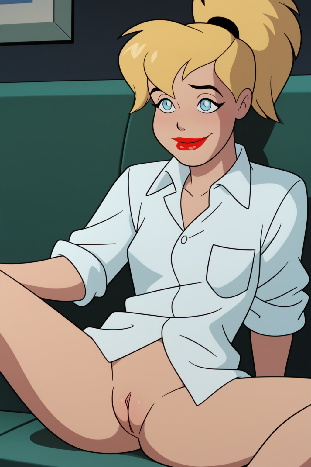 1girl ai_generated batman:_the_animated_series batman_(series) blonde_hair blue_eyes bottomless breasts clothing couch curvy curvy_ass curvy_female curvy_figure curvy_hips dc dc_comics dcau dress_shirt female female_only harleen_quinzel harleen_quuinzel harley_quinn harley_quinn_(classic) lips lipstick looking_at_viewer makeup mercy_(overwatch) on_couch ponytail red_lips shirt sitting sleeves_rolled_up smile solo spread_legs tied_hair uncensored vagina warner warner_bros warner_brothers white_shirt