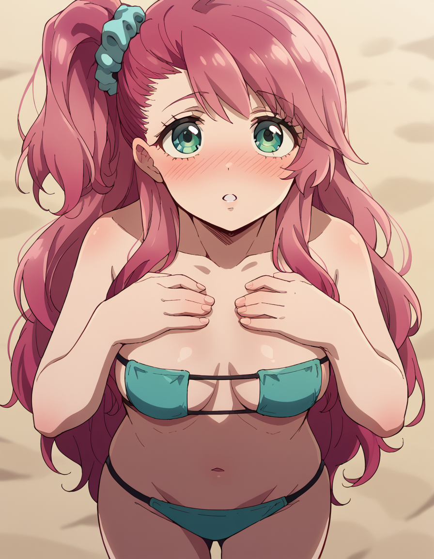 1girls ai_generated anna_hojo bikini civitai female female_focus long_hair love_after_world_domination nochekaiser881 pale pale-skinned_female pale_skin pink_hair ponytail scrunchie side_ponytail tagme