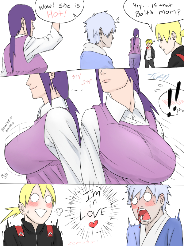 1girls, 3boys, big breasts, blush, boruto: naruto next generations, bouncing breasts, breasts, clothed, comic, dialogue, female, heart, human, hyuuga hinata, large breasts, male, milf, mitsuki (naruto), motion lines, naruto, naruto (series), nosebleed, oppai, spoken heart, text, uzumaki boruto, uzumaki hinata, yamanaka inojin