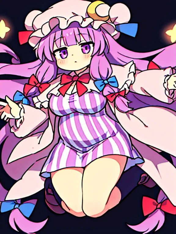 1girls ai_generated belly big_breasts black_background blush breasts closed_mouth clothed clothed_female crescent_hat_ornament female_only hat light-skinned_female long_hair no_penetration no_sex patchouli_knowledge purple_eyes purple_hair ribbons shoes solo solo_focus star_(symbol) stripes tagme touhou