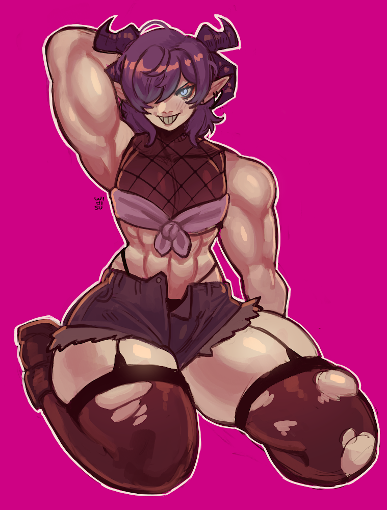 1boy 1femboy abs ambush_(trap) big_thighs boy_focus demon demon_boy femboy femboy_only feminine_male muscular_femboy muscular_male oc ripped_thighhighs showing_off thick_thighs widisu