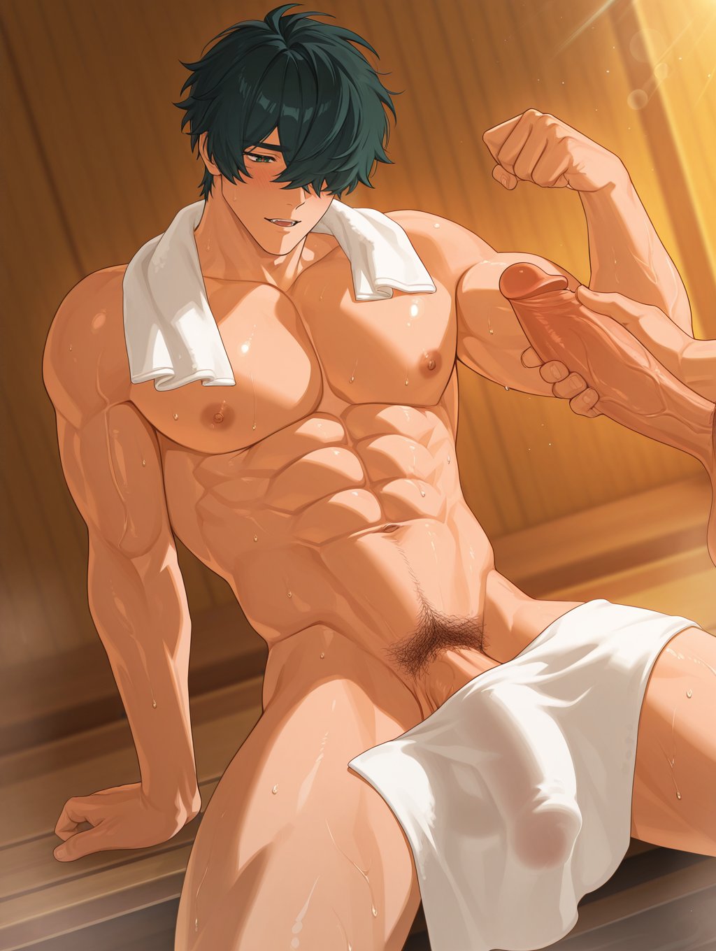 ai generated, bara, boyswithearsai, gay, lighter (zenless zone zero), male, male focus, male only, muscular, muscular male, yaoi, zenless zone zero