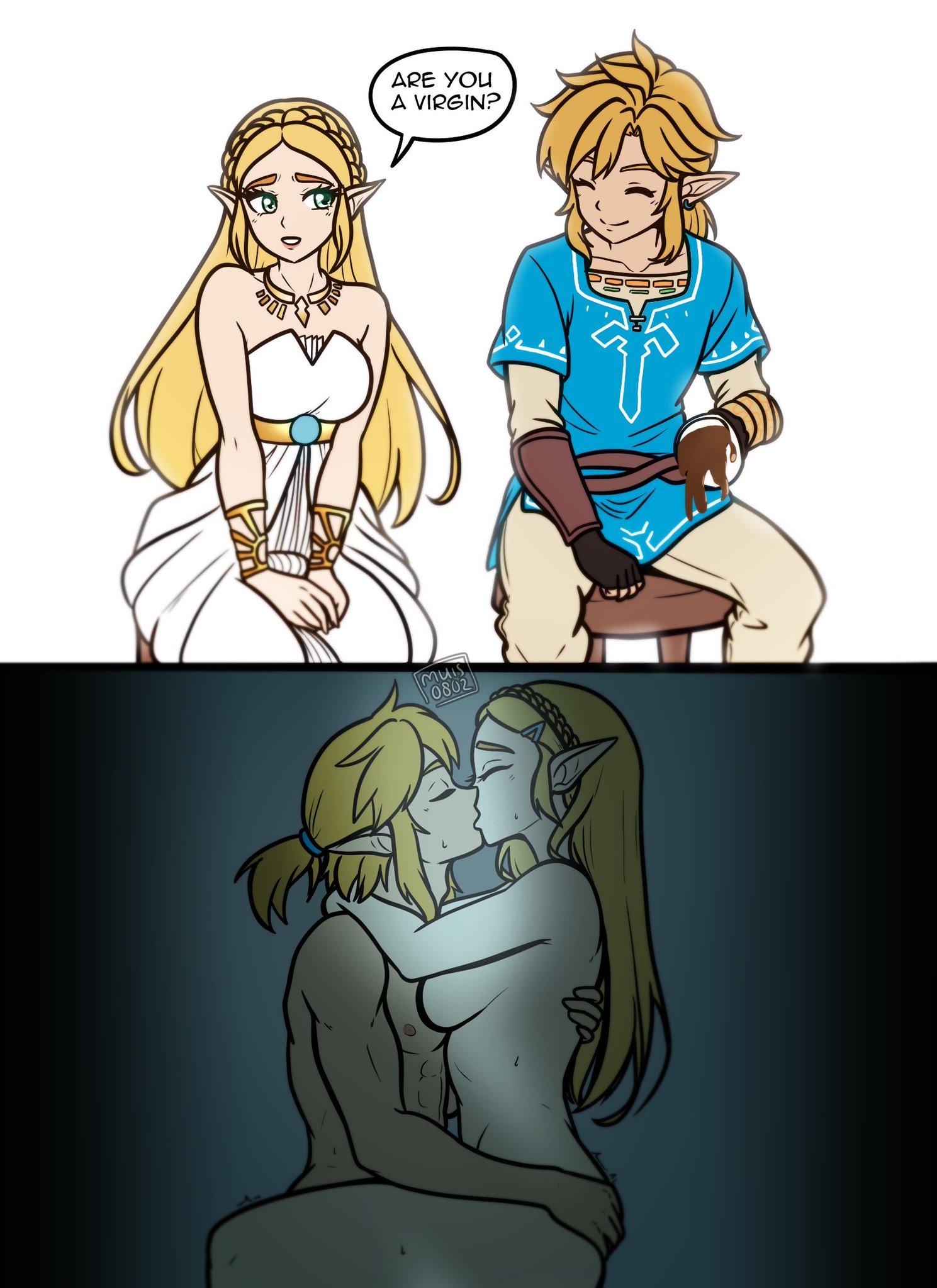 1boy, 1girls, are you a virgin? (meme), blonde hair, breath of the wild, english text, female, female torso, link, link (breath of the wild), male, male/female, meme, muis0802, nude, princess zelda, sex, straight, the legend of zelda, virgin male, wholesome sex, zelda (breath of the wild)