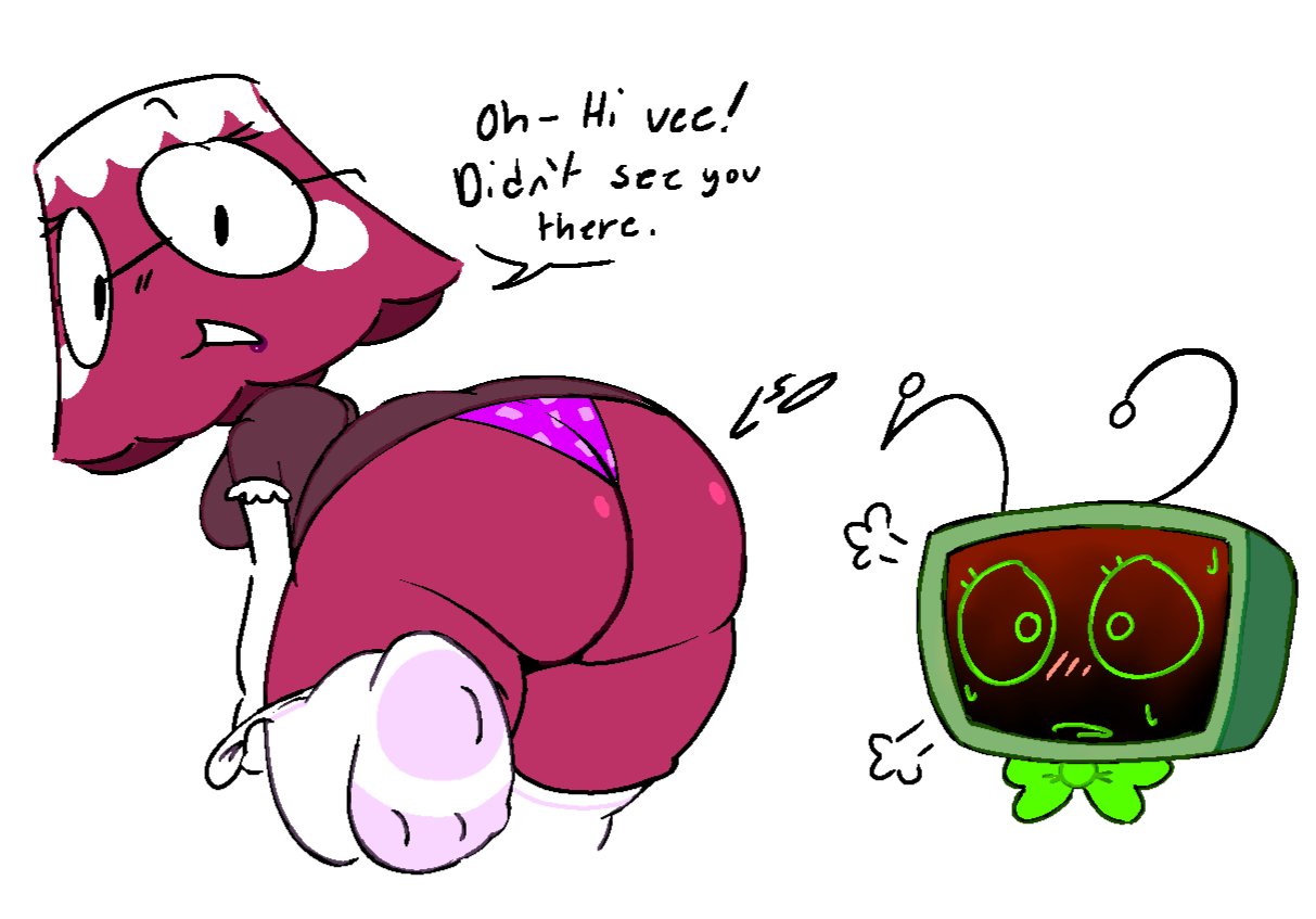 2girls, antenna wire, big ass, blank background, blush, blush lines, blushing, bowtie, brightney (dandy's world), clothed, clothed breasts, dandy's world, dandys world, dialogue, feet, foot fetish, glasses, green bowtie, green head, half-dressed, imminent yuri, lamp, lamp shade, leg up, looking at another, looking back, majingajin, nose blush, overheated, overheating, panties, paw flower, paws, purple panties, roblox, roblox game, shirt, shocked, shocked expression, shocked eyes, shocked face, smoke, socks, speechless, sweating, tagme, tagme (artist), talking to another, text, thighhighs, tv head, tv woman, vee (dandy's world), yuri