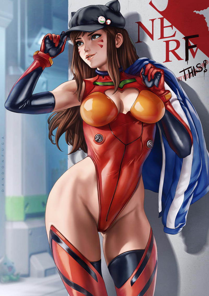 1girls, asuka langley sohryu (cosplay), blizzard entertainment, breasts, brown hair, clothing, cosplay, d.va, dandon fuga, female, female only, hat, human, leotard, long hair, medium breasts, neon genesis evangelion, overwatch, solo, standing, stockings, tagme, thighhighs, whisker markings