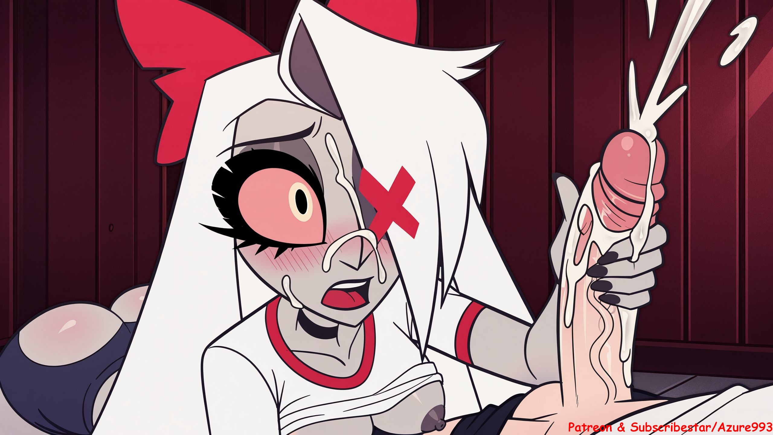 absurd res, ai, ai art, ai generated, ass, azure993, breasts, cum, cum on face, cumming, cumshot, erection, facial, female, female focus, gigantic cock, gigantic dick, girly, handjob, hazbin hotel, hi res, high quality, high resolution, highres, indoors, large cock, large dick, lips, lipstick, long hair, looking at viewer, looking down, makeup, monster cock, monster dick, nipples, nude, open mouth, parted lips, penis, pussy, ripped clothing, sex, solo focus, spread legs, straight, stroking penis, testicles, thighs, uncensored, vaggie, vaggie (hazbin hotel)
