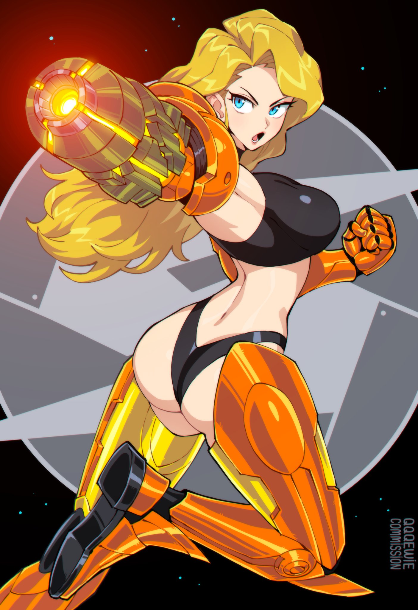 1girls, 333 (dqqqdle), alternate version available, arm cannon, armor, armored female, ass, big ass, big breasts, black clothing, black thong, black underwear, blonde hair, blue eyes, boobs and butt pose, breasts, busty, curvaceous, curvy, curvy female, curvy figure, dynamic pose, female, female focus, female only, hi res, high resolution, highres, large breasts, light skin, light-skinned female, long hair, looking back, metroid, nintendo, open mouth, partially armored, partially clothed, pose, posing, samus aran, sci-fi, solo, solo female, solo focus, tagme, thick thighs, thighs, thong, underwear, voluptuous, voluptuous female, weapon
