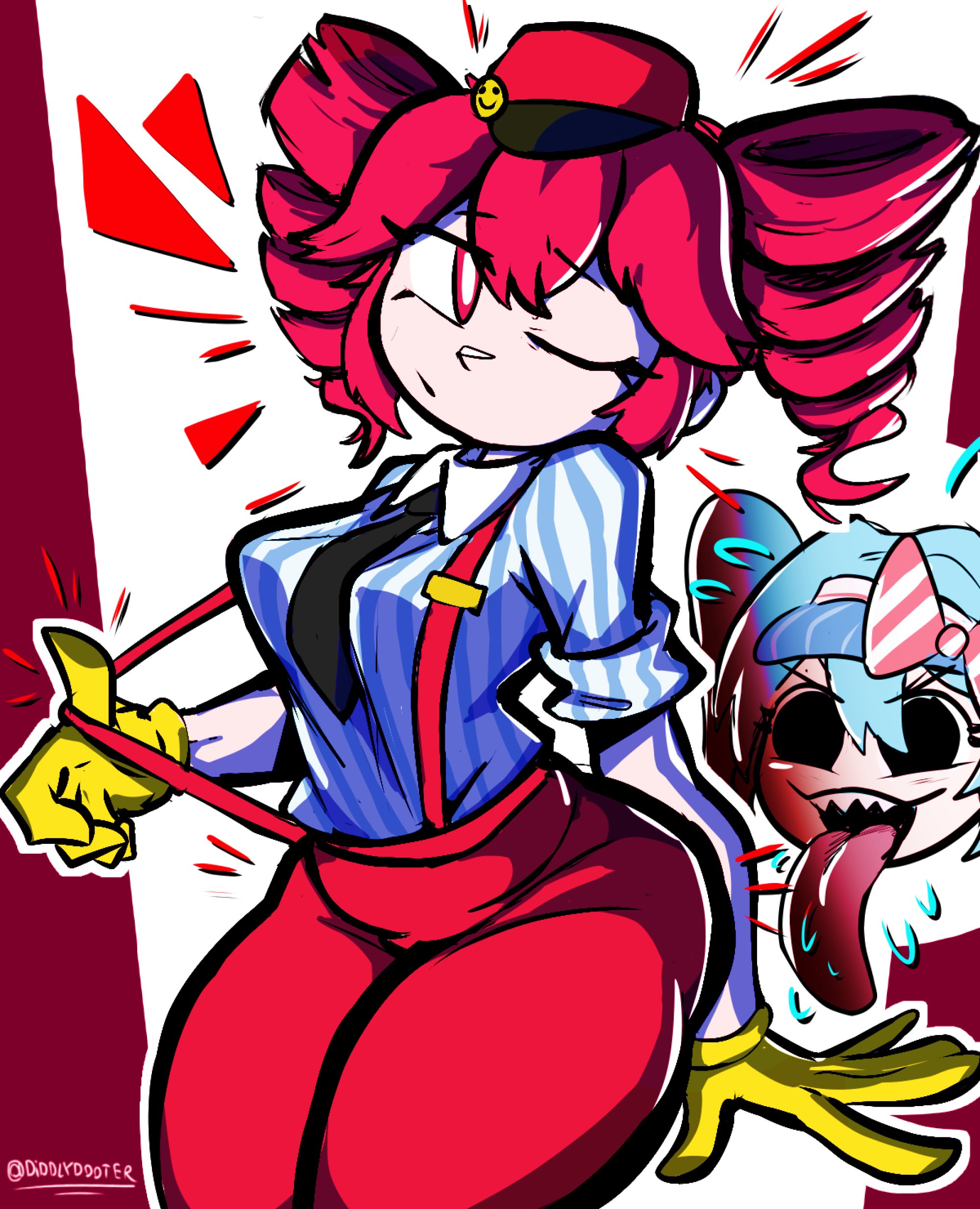 2d, 2d (artwork), 2girls, arched back, artist name, belly, big breasts, big thighs, black necktie, blue hair, blue shirt, breasts, clothed, clothed female, clothing, collared shirt, curvaceous, curvy, curvy female, curvy figure, diddlydooter1, drill hair, eyelashes, female, female focus, female only, flying sweatdrops, freaky, fully clothed, gloves, hat, hatsune miku, high waisted pants, high-waist pants, hips wider than shoulders, huge thighs, kasane teto, kasane teto (sv), large breasts, large thighs, long tongue, looking at viewer, looking to the side, mesmerizer (vocaloid), mesmerizer miku, mesmerizer teto, multiple girls, mv character, necktie, one eye closed, open mouth, pants, posing, red background, red eyes, red hair, red headwear, sharp teeth, shirt, simple background, slim waist, smile, sticking ass out, striped, striped shirt, suspenders, synthesizer v, teeth, thick thighs, thighs, tight clothing, tongue, tongue out, twin drills, twintails, utau, vocaloid, wide hips, yellow gloves