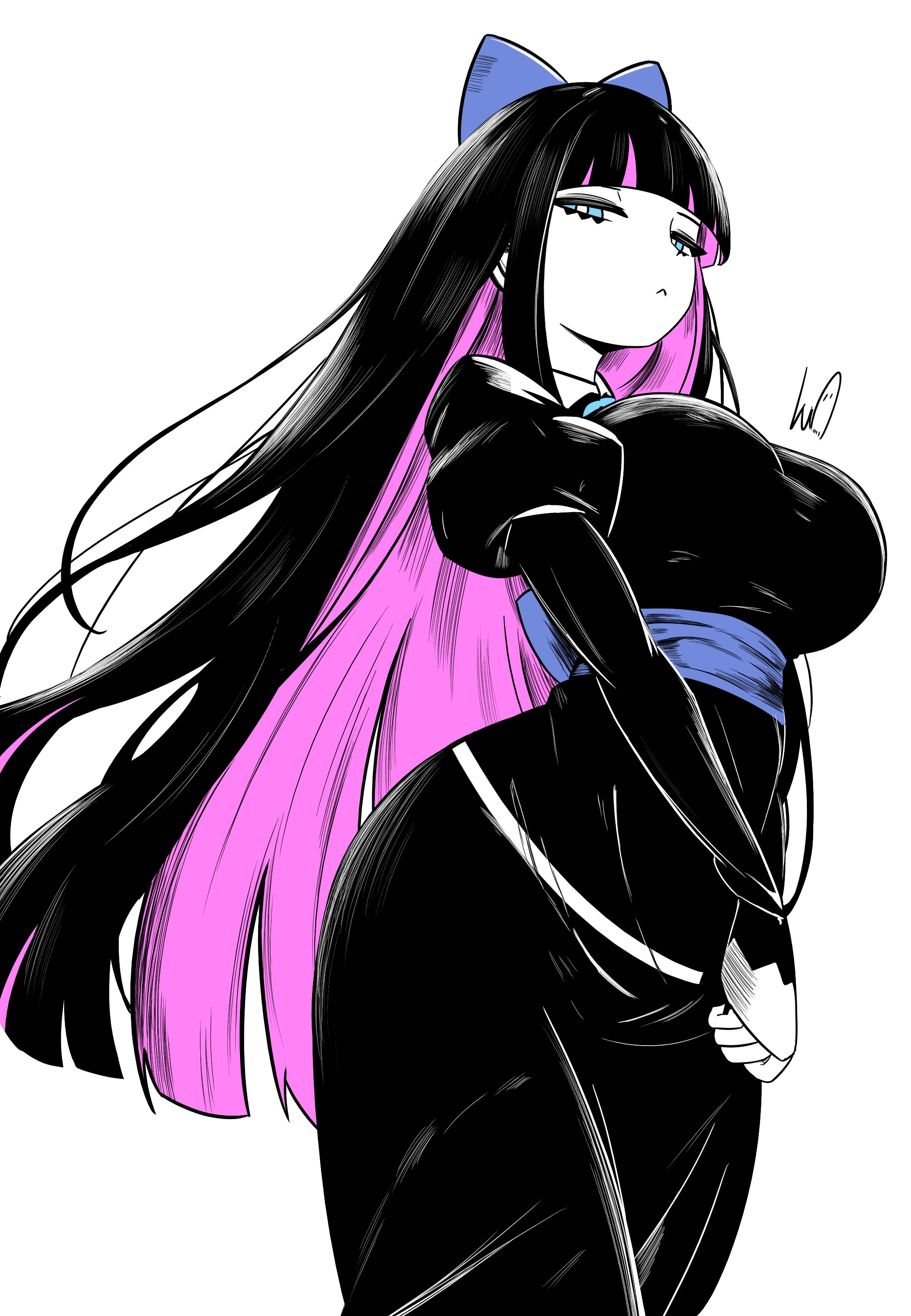 absurdres, big breasts, black dress, black hair, blunt bangs, bow, breasts, colored inner hair, commission, cowboy shot, dress, female, from below, hairbow, half-closed eyes, highres, juliet sleeves, large breasts, long hair, long sleeves, lughost, multicolored hair, panty & stocking with garterbelt, pink bow, pink eyes, pink hair, puffy sleeves, signature, simple background, smile, solo, stocking anarchy, two-tone hair, white background