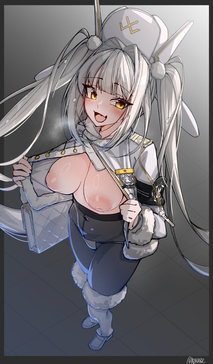 1female, 1girls, 2025, 2d, 2d (artwork), areolae, azalanz, black pantyhose, blanc (fortune express) (nikke), blanc (nikke), blush, breasts, color, colored, female, female focus, female only, fur boots, goddess of victory: nikke, inverted nipples, knee boots, leggings, light skin, light-skinned female, medium breasts, nipples, no bra, oerba yun fang, open mouth, panties, pantyhose, revealing, revealing clothes, solo, solo focus, standing, tilt-shift (azalanz), tongue, twintails, white hair, yellow eyes
