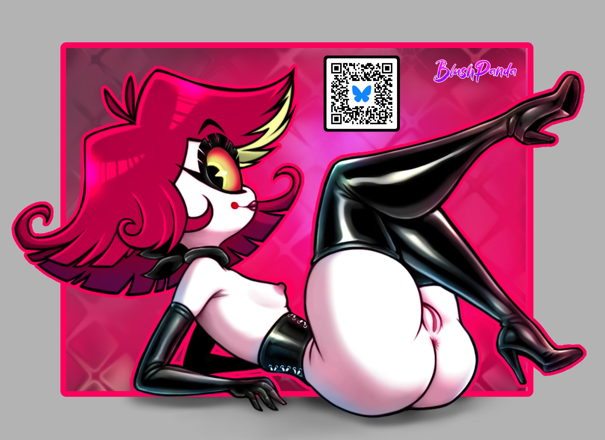 1 eye, 1girls, alternate version available, anus, areolae, armwear, ass, big ass, black corset, black eyes, black gloves, black thighhighs, blushpanda, boots, bottomless, breasts, corset, cyclops, elbow gloves, female, female only, footwear, full body, gloves, hair, hazbin hotel, heels, high heel boots, high heels, latex, latex clothing, latex gloves, latex thighhighs, legs up, looking to the side, niffty, nipples, on back, one eye, orange sclera, pussy, red hair, short hair, shortstack, small breasts, smile, solo, solo female, thick thighs, thighhighs, thighs, topless, vagina, white body, white skin