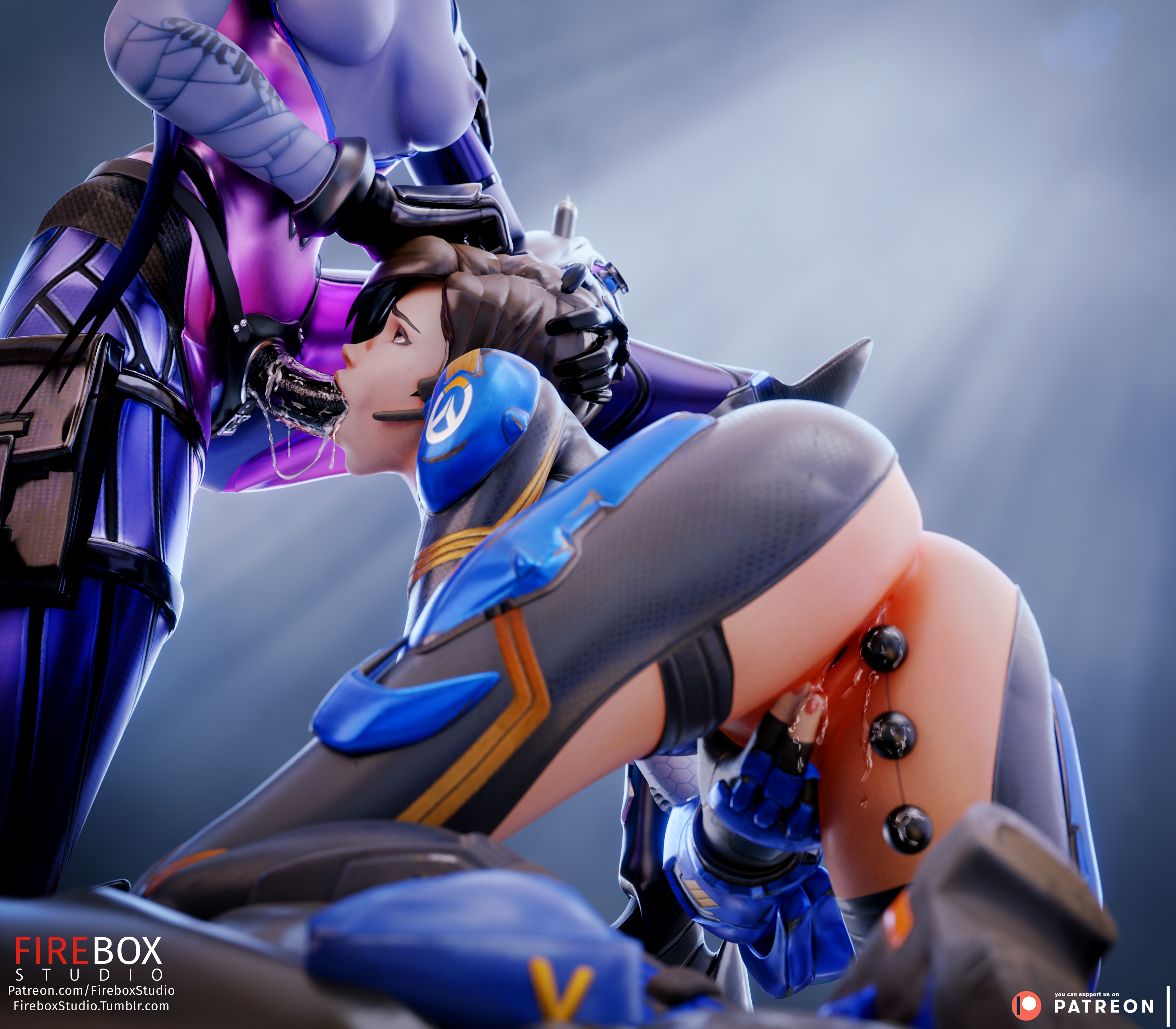 2girls, 3d, absurd res, alternate costume, amelie lacroix, anal beads, areolae, ass, blender, blizzard entertainment, blue hair, blue skin, bodysuit, breasts, cadet oxton, fellatio, female, female only, fireboxstudio, garrison cap, headgear, lena oxton, masturbation, nipples, oral, overwatch, patreon username, pussy, pussy juice, sex toy, strap-on, strapon, tracer, tumblr username, widowmaker, yuri