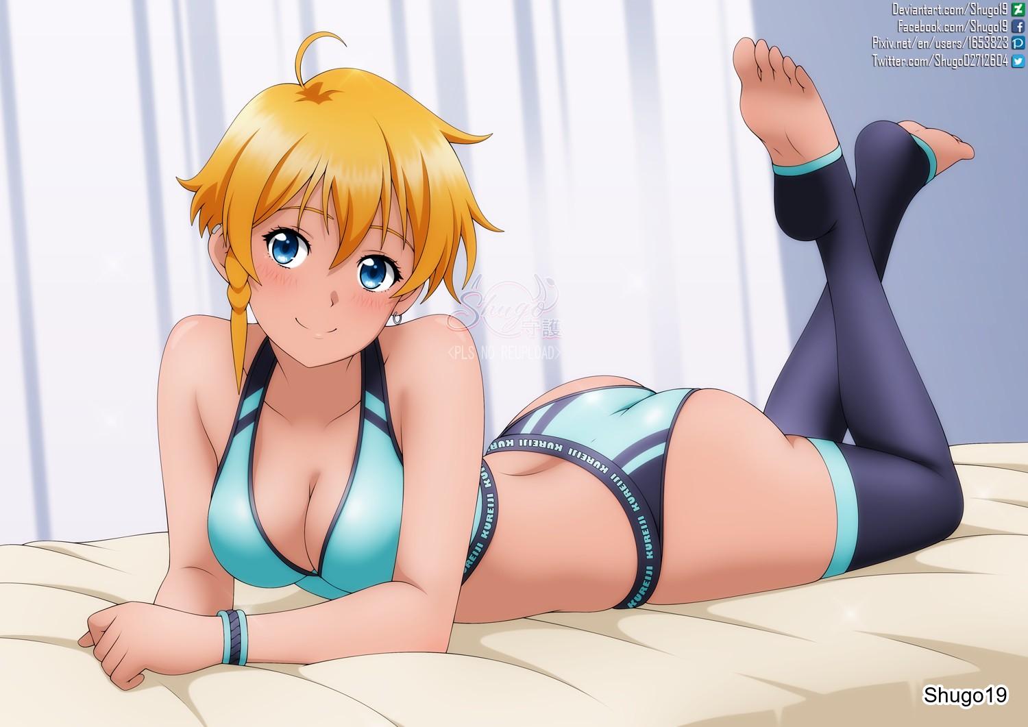1girls, 2d, 2d (artwork), 2d artwork, ahoge, arm support, ass, ass cleavage, ass crack, back, black legwear, black stockings, black thigh highs, black thighhighs, blonde eyebrows, blonde female, blonde hair, blonde hair female, blonde-haired female, blue bra, blue eyes, blue panties, blue underwear, blue-eyed female, blush, blush face, blushing at viewer, blushing female, blushing lines, bra, breasts, brown skin, brown skinned female, brown-skinned female, calves, cleavage, closed mouth smile, collarbone, curvaceous, curvaceous ass, curvaceous body, curvaceous female, curvaceous figure, curvaceous hips, curvy, curvy body, curvy female, curvy figure, curvy hips, digital, digital art, digital drawing, digital drawing (artwork), digital media, digital media (artwork), ear piercing, earrings, elbows, feet, female, female focus, female only, fingers, full body, gluteal fold, hair between eyes, head tilt, high resolution, highres, indoor, indoors, knees, lean figure, legs, legwear, looking at viewer, lying, lying down, lying on bed, lying on breasts, lying on stomach, median furrow, medium breasts, narrow waist, on bed, on breasts, on stomach, original, original art, original artwork, original character, panties, pierced ear, short hair, shoulders, shugo19, sidelocks, slender body, slender waist, slim waist, smile, smiley face, smiling at viewer, smirk, soles, solo, sports bra, sportswear, stirrup legwear, stirrup stockings, stockings, thick ass, thick butt, thick thighs, thigh highs, thighhighs, thighs, tilted head, toes, tomboy, underwear, wide hips, yellow eyebrows, yellow hair, yellow-haired female