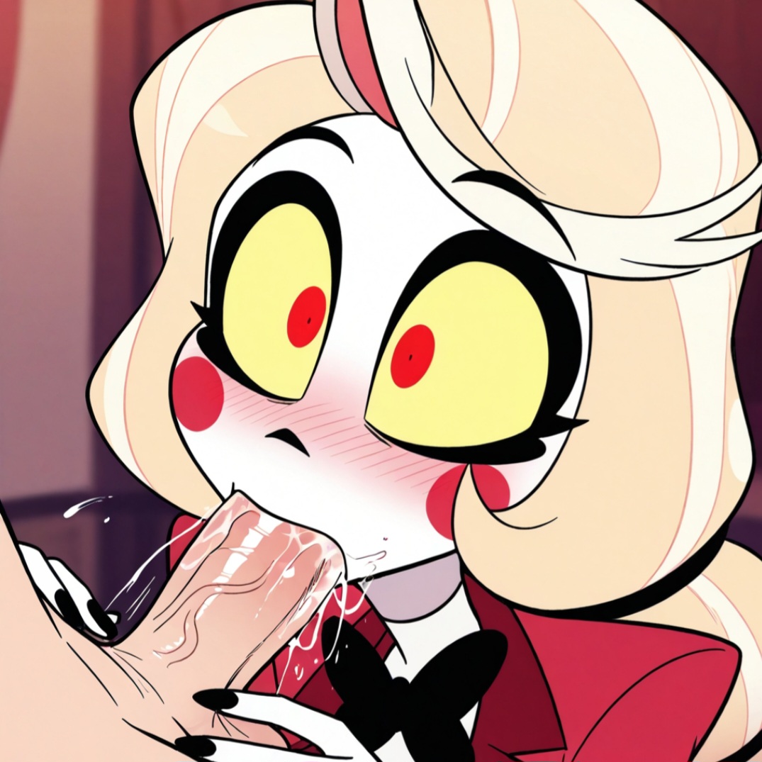 ai generated, blonde hair, blowjob, blush, charlie morningstar (hazbin hotel), close up, cum, cum in mouth, demon, demon girl, fellatio, hazbin hotel, hellaverse, male, penis, red eyes, sucking penis, white skin