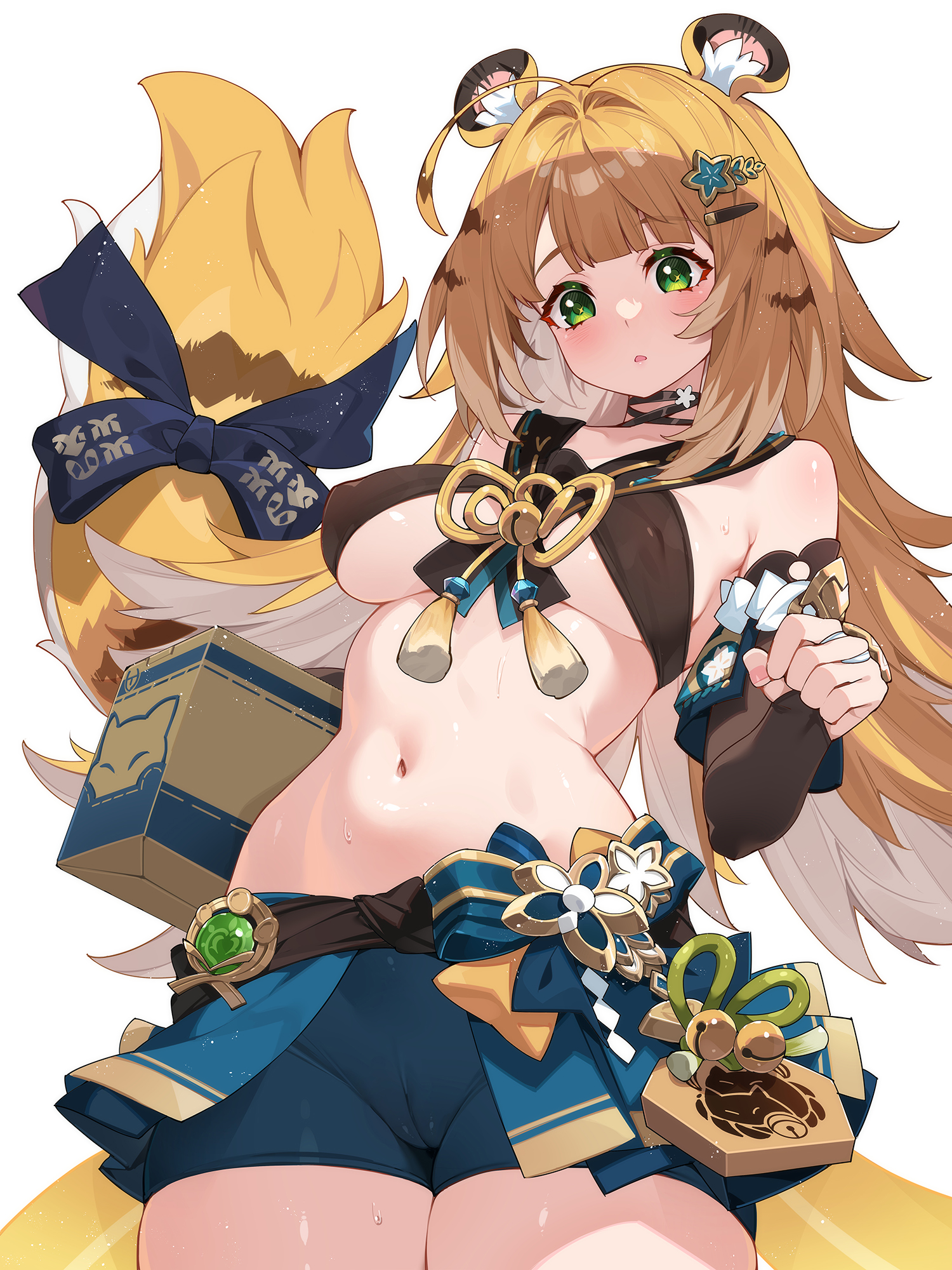 animal ears, bike shorts, blonde hair, blue ribbon, blue shorts, blush, breasts, colored inner hair, commentary request, cosplay, covered erect nipples, female, fingernails, genshin impact, green eyes, hair ornament, highres, ju fufu, kirara (genshin impact), kirara (genshin impact) (cosplay), long hair, medium breasts, multicolored hair, navel, ribbon, shorts, simple background, solo, star (symbol), star hair ornament, stomach, sweat, tail, tail ornament, tail ribbon, tiger ears, tiger girl, tiger tail, two-tone hair, waterring, white background, white hair, zenless zone zero