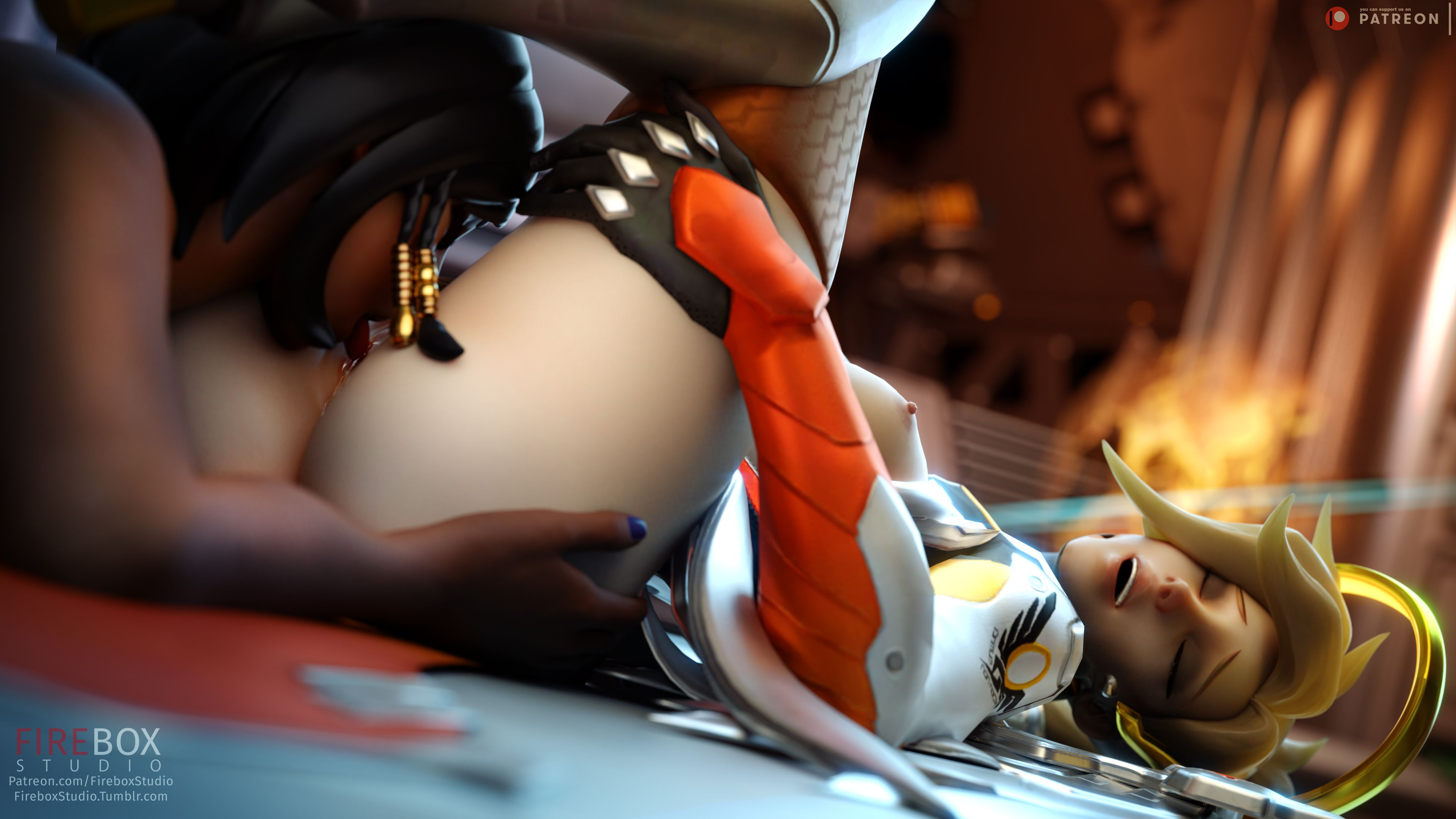 3d, absurd res, angela ziegler, black hair, blender, blizzard entertainment, blonde hair, breasts, closed eyes, cunnilingus, dark skin, dark-skinned female, duo, erect nipples, female, female only, fireboxstudio, hair ornament, legs up, light skin, light-skinned female, mechanical halo, mercy, nipples, overwatch, pale skin, pale-skinned female, patreon username, pharah, pleasure face, pussy, tagme, tumblr username, yuri