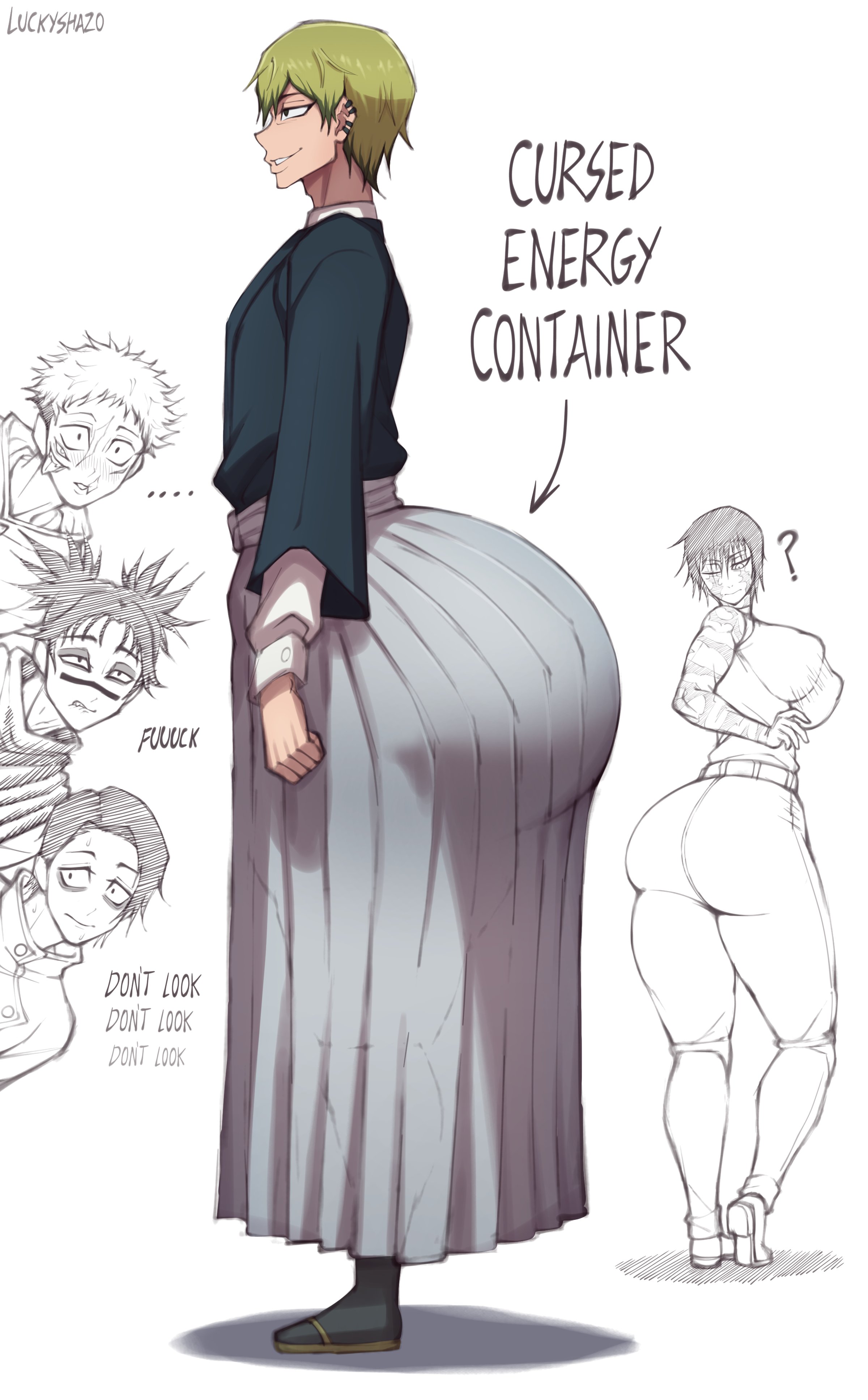 1girls, 4boys, ass, ass focus, background characters, big ass, big breasts, biting lip, bottom heavy, breasts, bubble butt, choso kamo, clothing, confused, confusion, evil container, fat ass, female, femboy, femboy focus, green hair, huge ass, itadori yuuji, jujutsu kaisen, large ass, looking at another, looking at ass, looking at self, looking away, looking back, luckyshazo, male, male focus, massive ass, meme, multiple boys, muscular, muscular female, question mark, scars, thick ass, thick thighs, thunder thighs, wide hips, yuta okkotsu, zenin maki, zenin naoya