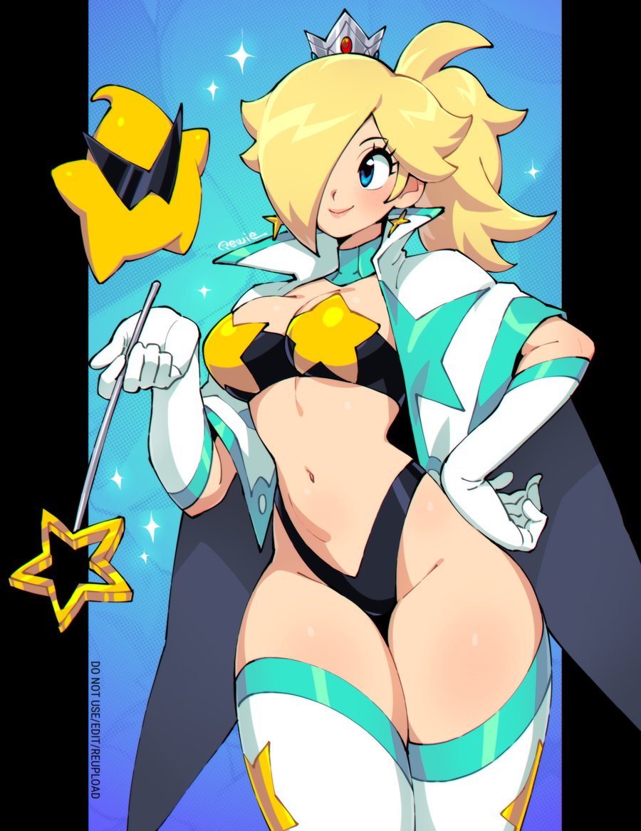 1girl, 1girls, 1other, 333 (dqqqdle), alternate costume, blonde hair, blue eyes, breasts, cleavage, cosplay, crown, earrings, female, female only, gloves, hair over one eye, hand on hip, highleg, highres, holding, holding wand, jewelry, large breasts, long hair, looking at viewer, luma, mario (series), mini crown, navel, nintendo, one eye closed, pasties, ponytail, princess rosalina, race queen, revealing clothes, rosalina, smile, solo, star (symbol), star earrings, star wand, sunglasses, super mario galaxy, tengen toppa gurren lagann, thighhighs, wand, white gloves, yoko littner, yoko littner (cosplay)