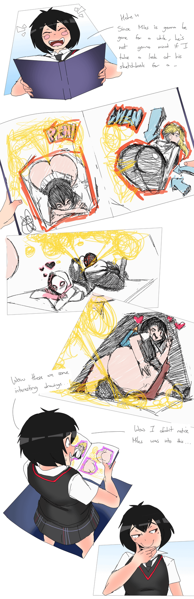 1girls, drawing, fart, fart cloud, fart fetish, female, female only, gwen stacy, lazei, marvel, peni parker, solo, solo female, spider-man: into the spider-verse