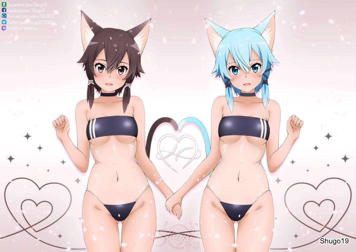 2d, 2d (artwork), 2d artwork, 2girls, animal ear fluff, animal ears, animal tail, asada shino, ass visible through thighs, bare arms, bare belly, bare chest, bare hands, bare hips, bare legs, bare midriff, bare navel, bare shoulders, bare skin, bare thighs, belly, belly button, bikini, bikini bottom, bikini only, bikini top, black bikini, black bikini bottom, black bikini top, black choker, black string bikini, black swimsuit, black swimwear, blue eyebrows, blue eyes, blue hair, blue-eyed female, blue-haired female, blush, blush face, blushing at viewer, blushing female, breasts, brown eyebrows, brown eyes, brown hair, brown-eyed female, brown-haired female, cat ears, cat tail, choker, collarbone, curvaceous, curvaceous body, curvaceous female, curvaceous figure, curvaceous hips, curvaceous teen, curvy, curvy body, curvy female, curvy figure, curvy hips, curvy teen, digital, digital art, digital drawing, digital drawing (artwork), digital media, digital media (artwork), elbows, exposed arms, exposed belly, exposed chest, exposed hips, exposed legs, exposed midriff, exposed navel, exposed shoulders, exposed skin, exposed thighs, female, female focus, female only, fingers, groin, hair between eyes, half naked, half nude, hand holding, hands together, high resolution, high school student, highres, holding hands, inframammary fold, inguinal crease, inguinal ligament, interlocked fingers, lean figure, looking at viewer, midriff, multiple females, multiple girls, naked, naked female, naked woman, narrow waist, navel, nude, nude female, nudity, open mouth, open mouth smile, parted lips, pear-shaped figure, petite, petite body, petite breasts, petite female, petite girl, petite tits, pink background, school girl, semi nude, short hair, shoulders, shugo19, sidelocks, simple background, sinon, slender body, slender waist, slim waist, small breasts, smile, smiley face, smiling, smiling at viewer, standing, string bikini, swimsuit, swimwear, sword art online, teen girl, teenage girl, teenager, thigh gap, thighs, tongue, upper body, wide hips, young female, young woman