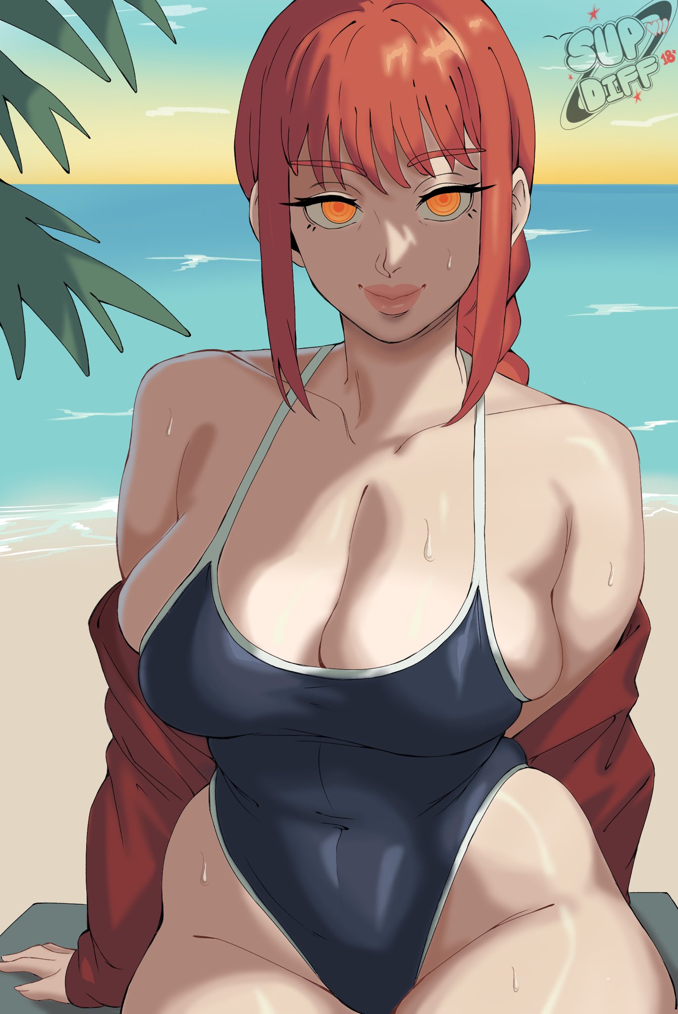 1girls, bangs, beach, big breasts, bottom heavy, braid, braided ponytail, breasts, chainsaw man, cleavage, collarbone, female, female only, large breasts, looking at viewer, makima (chainsaw man), medium hair, ocean, ringed eyes, sitting, smile, supdiff, swimsuit, thighs, water, yellow eyes