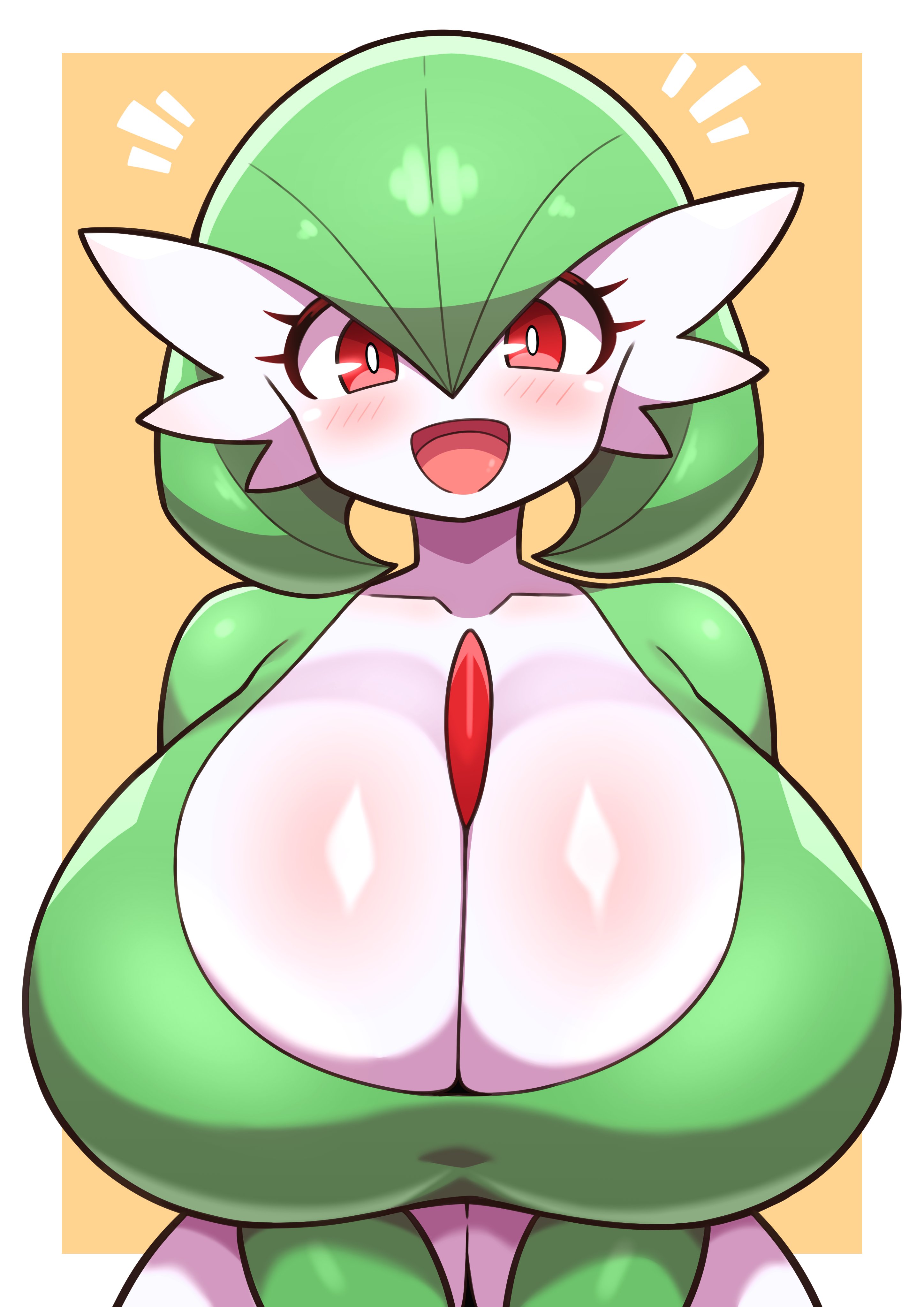 2026, absurd res, arm under breasts, big breasts, blush, breasts, chest spike, cleavage, clothed, clothing, digital drawing (artwork), digital media (artwork), dress, eyelashes, female, female humanoid, front view, gardevoir, generation 3 pokemon, glistening, glistening breasts, glistening eyes, green body, green hair, hair, happy, hi res, huge breasts, humanoid, looking at viewer, multicolored body, nintendo, open mouth, open smile, pokemon, pokemon (species), pseudo clothing, pseudo hair, red eyes, sigruku, smile, solo, spikes, spikes (anatomy), tongue, white body