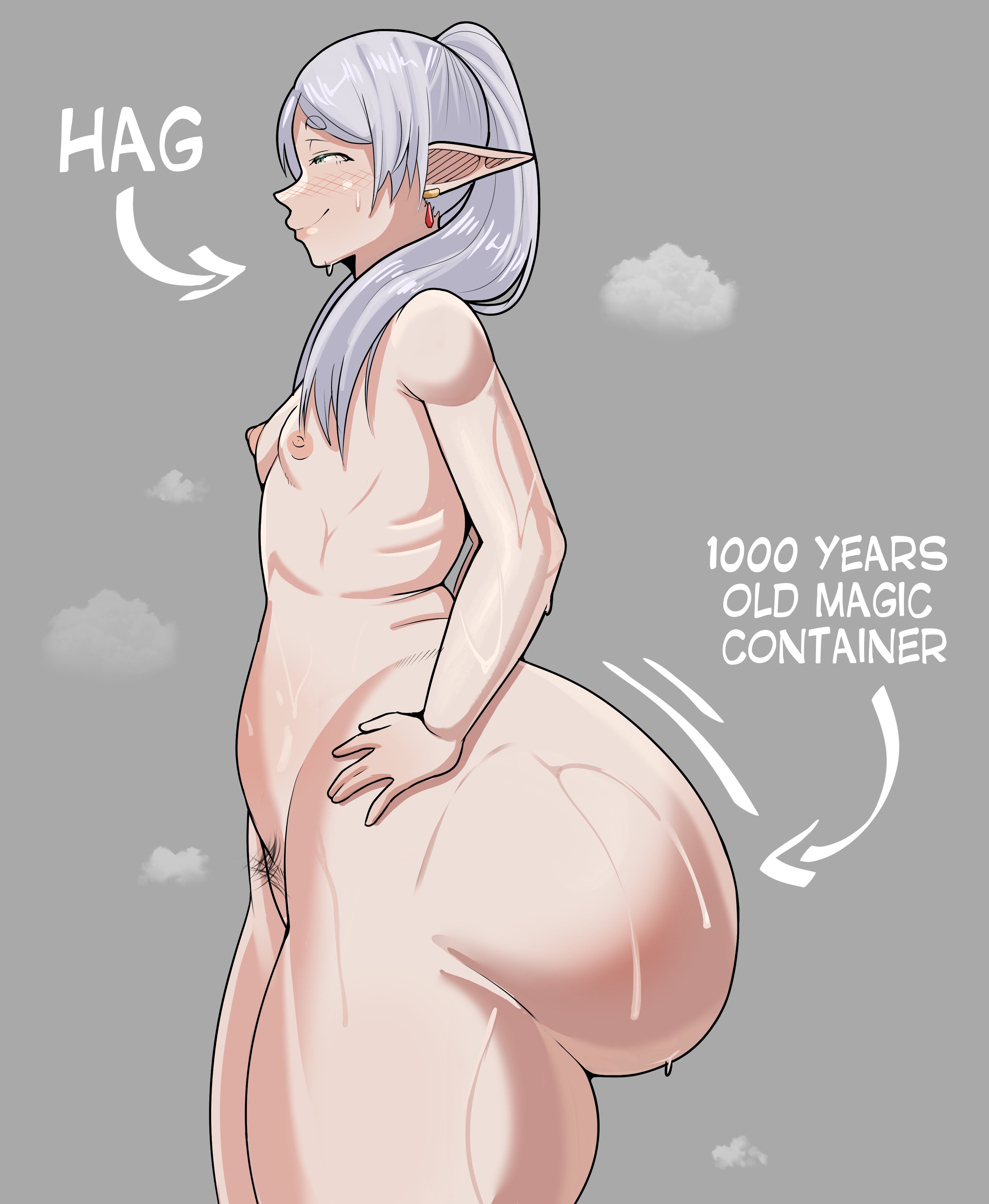1girls, 2d, 2d (artwork), ass, color, eksaito, evil container, female, female only, frieren, huge ass, hyper ass, nude, sousou no frieren, standing