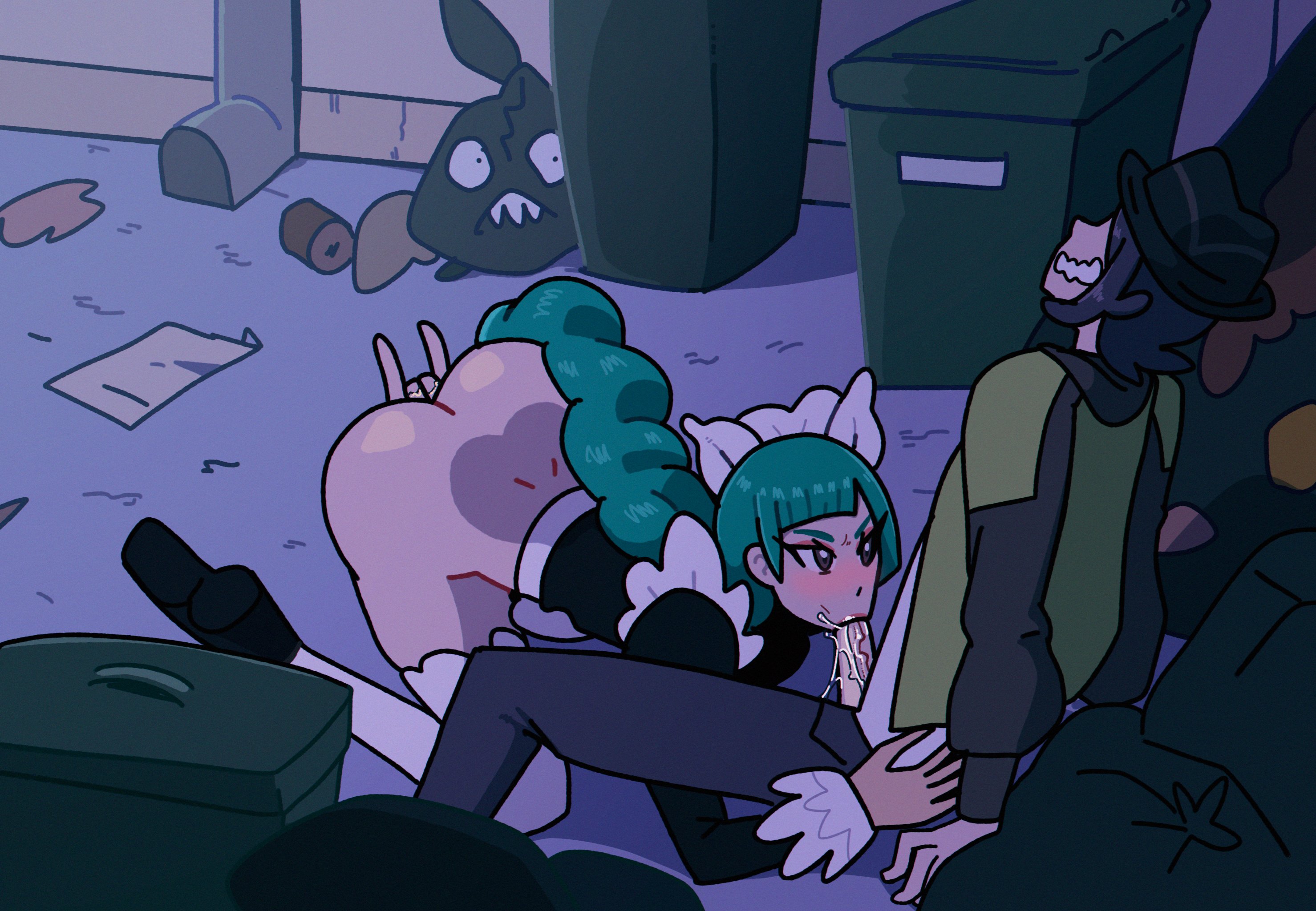 1boy, 1girls, alley, ass, black hair, blowjob, blush, bottomless, braid, fellatio, female, fingering, fingering self, green hair, harujio (pokemon), hasselnut, hat, hi res, kyouya (pokemon), lebanne (pokemon), long hair, maid, maid uniform, male, masturbating during fellatio, masturbation, nintendo, oral, outdoors, paxton (pokemon), penis, pokemon, pokemon legends: z-a, sitting, sitting on ground, teeth clenched, thighhighs, trash, trash can, trubbish, very high resolution, wavy mouth, white thighhighs, wolfgang bang, yabukuron