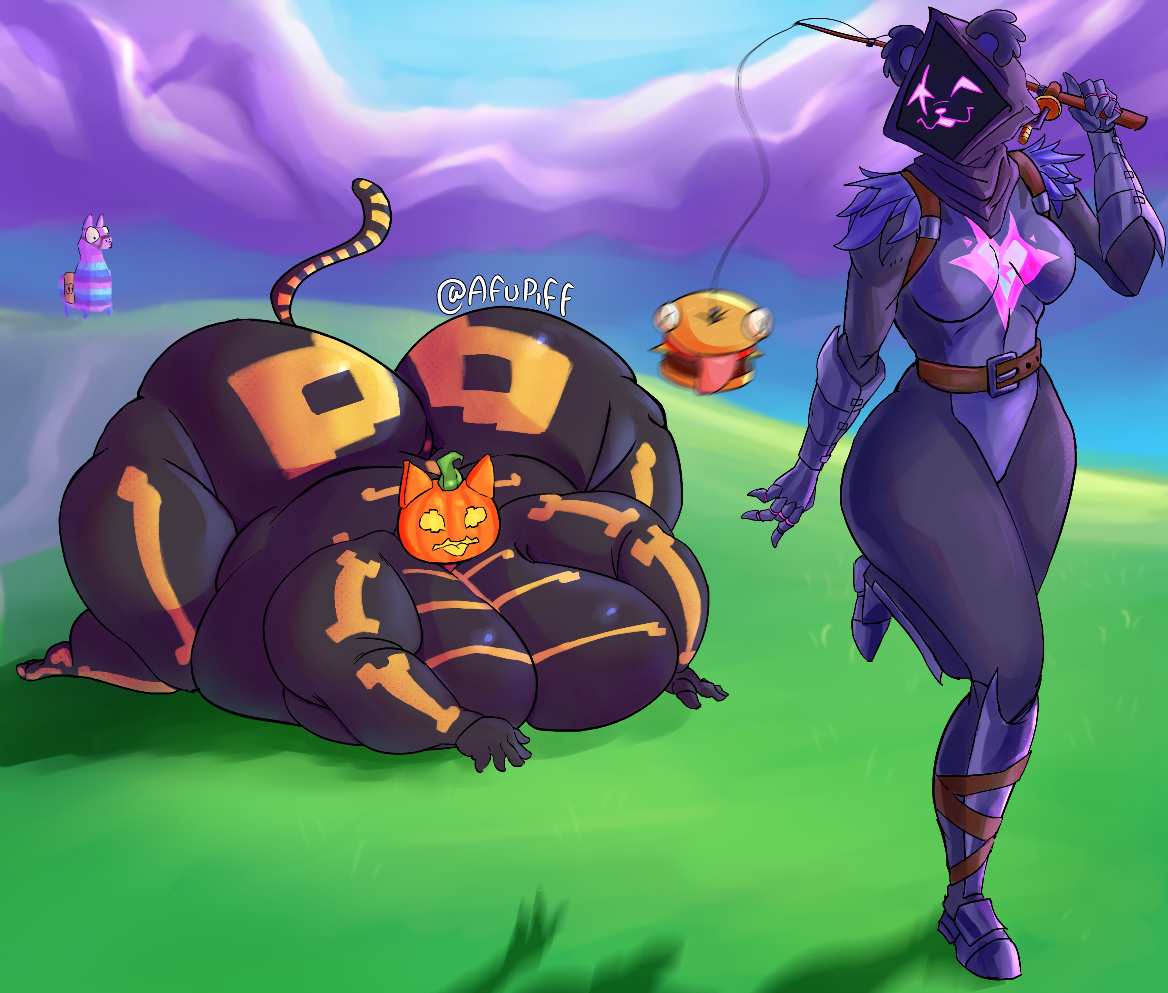 2girls, 5 fingers, afupiff, all fours, anthro, armwear, artist signature, ass, ass up, bear, bear girl, belt, belt buckle, big ass, big breasts, blob, boots, breasts, bridal gauntlets, burger, cat girl, countershade torso, countershading, duo, durr burger, epic games, fat, fat arms, fat female, fat folds, fat fur, fatfur, feedee, feeder, feederism, feline, female, female only, fishing rod, fortnite, furry, gloves, hourglass figure, huge ass, loot llama, morbidly obese, morbidly obese female, obese, obese female, overweight, overweight female, pumpkin head, purple body, purple eyes, raised leg, raven team leader, scar, scar across eye, small feet, spice (fortnite), tagme, taunting, thick thighs, two-tone body, ursid, yellow eyes
