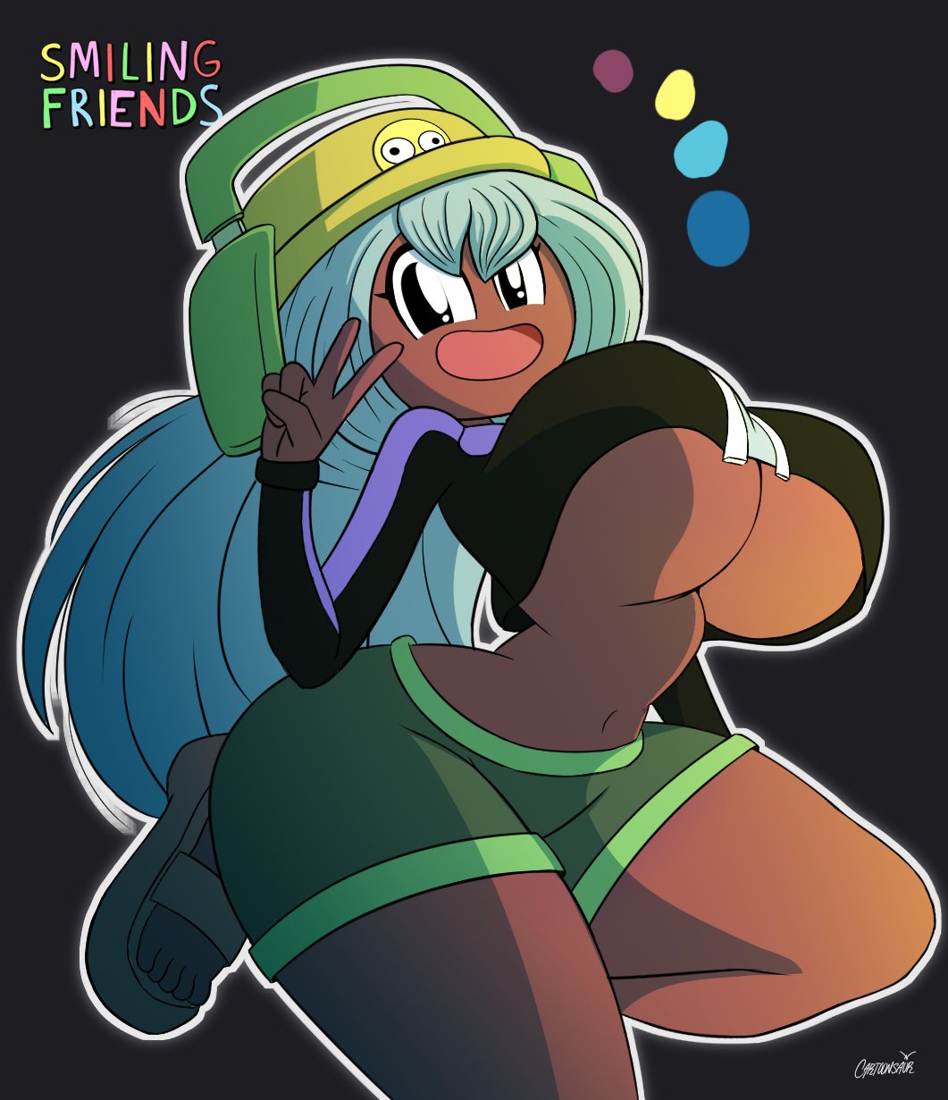 adult swim, big ass, big breasts, big eyes, black eyes, black shirt, blue hair, booty shorts, breasts bigger than torso, cartoonsaur, clothed, dolly dimpley, green headphones, green shorts, hair, hair partially covering eyes, happy, hat, headphones, hourglass, hourglass figure, huge ass, huge breasts, long hair, peace sign, skinny, skinny arms, skinny female, skinny girl, smile, smiling friends, smiling friends self inserts, standing, standing on one leg, tagme, thick thighs, underboob, yellow hat