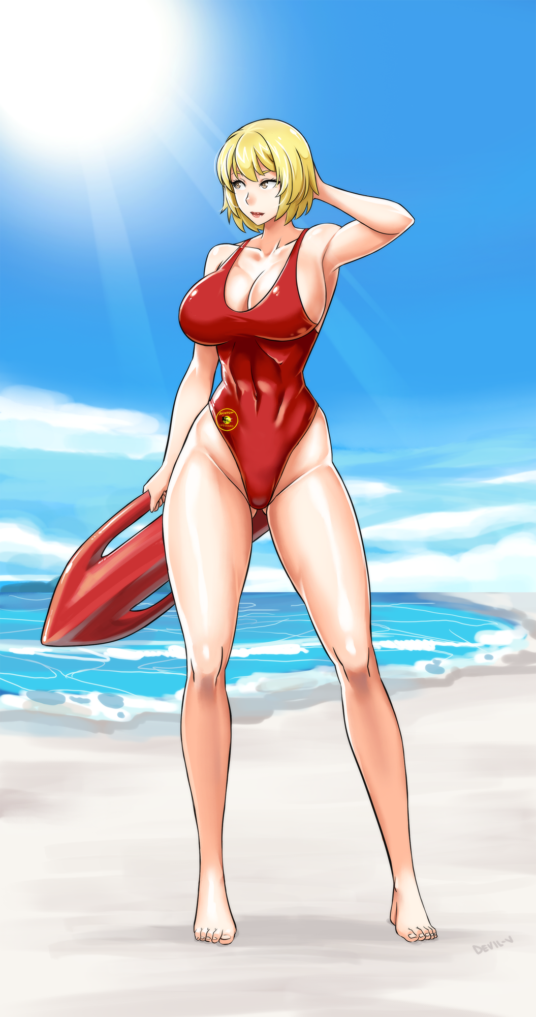 1girls abs barefoot beach blonde_hair breasts brown_eyes cleavage devil-v feet female female_only huge_breasts large_breasts lifeguard lipstick looking_away outdoors public red_lipstick rescue_buoy short_hair sideboob standing swimsuit text toes watermark