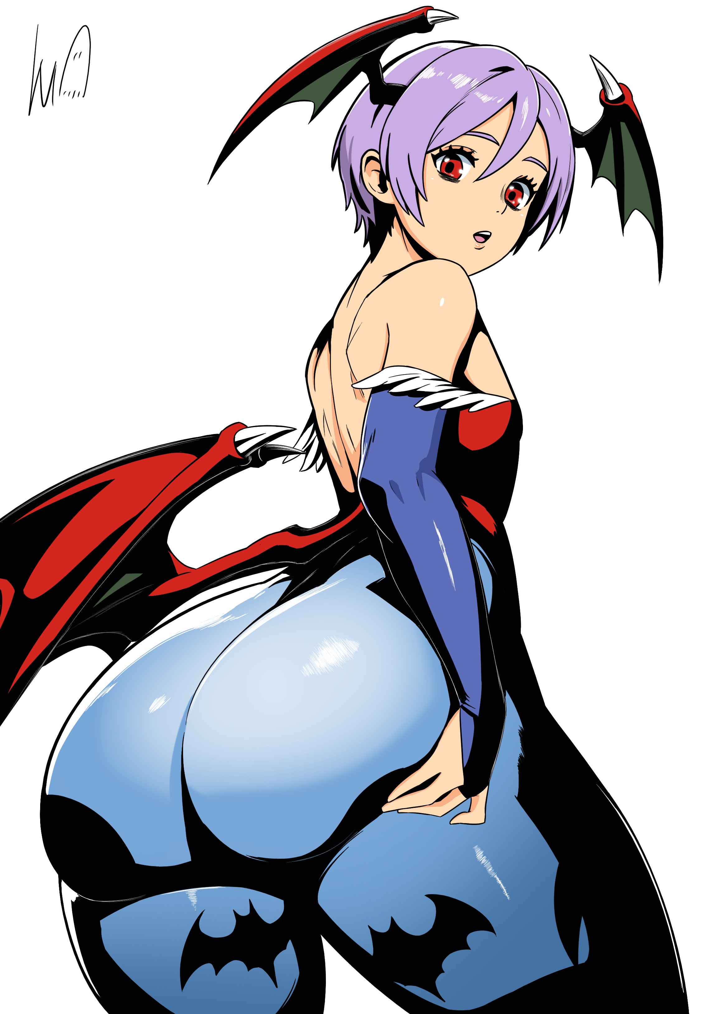 absurdres, animal print, ass, ass focus, ass support, back, bare shoulders, bat print, bat wings, blue pantyhose, bottom heavy, bridal gauntlets, darkstalkers, demon girl, diamond cutout, female, flat chest, from behind, gloves, grabbing own ass, hands on own ass, head wings, highres, huge ass, leotard, lilith (darkstalkers), lilith aensland, looking at viewer, looking back, low wings, lughost, off-shoulder leotard, pantyhose, pear-shaped figure, print pantyhose, purple hair, purple pantyhose, red eyes, red leotard, short hair, simple background, small breasts, smile, solo, standing, succubus, thighs, very short hair, white background, wings