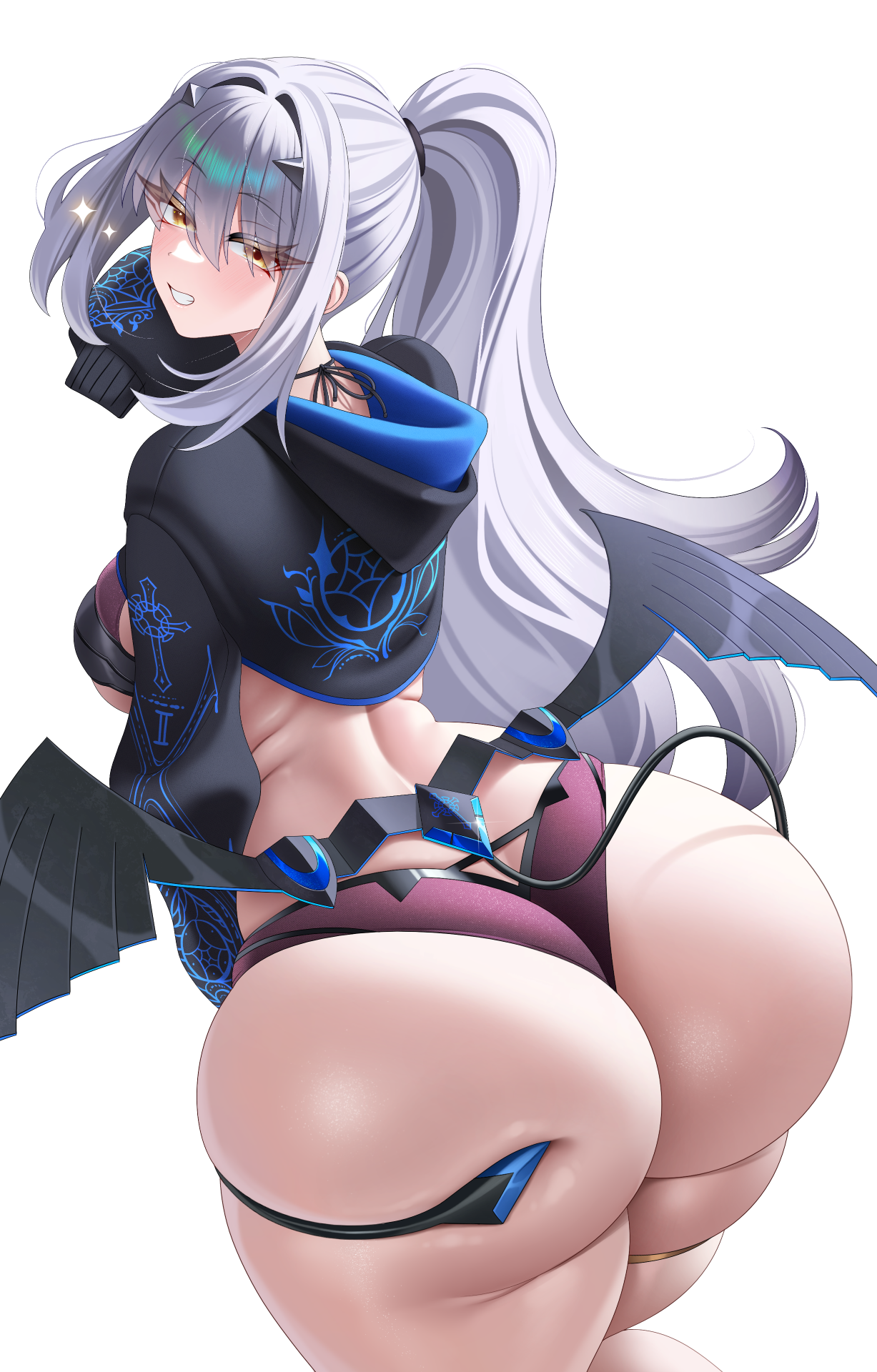 1girls, ass, ass bigger than head, ass bigger than torso, ass focus, big ass, big breasts, bottom heavy, breasts, bubble butt, clothing, fat ass, fate (series), fate/grand order, female, female only, gluteal fold, huge ass, large ass, light-skinned female, long hair, looking at viewer, looking back, luunamito, massive ass, medium breasts, melusine (fate), melusine (swimsuit ruler) (fate), png, solo, tail, thick ass, thick thighs, thunder thighs, white hair, wide hips, wings, yellow eyes