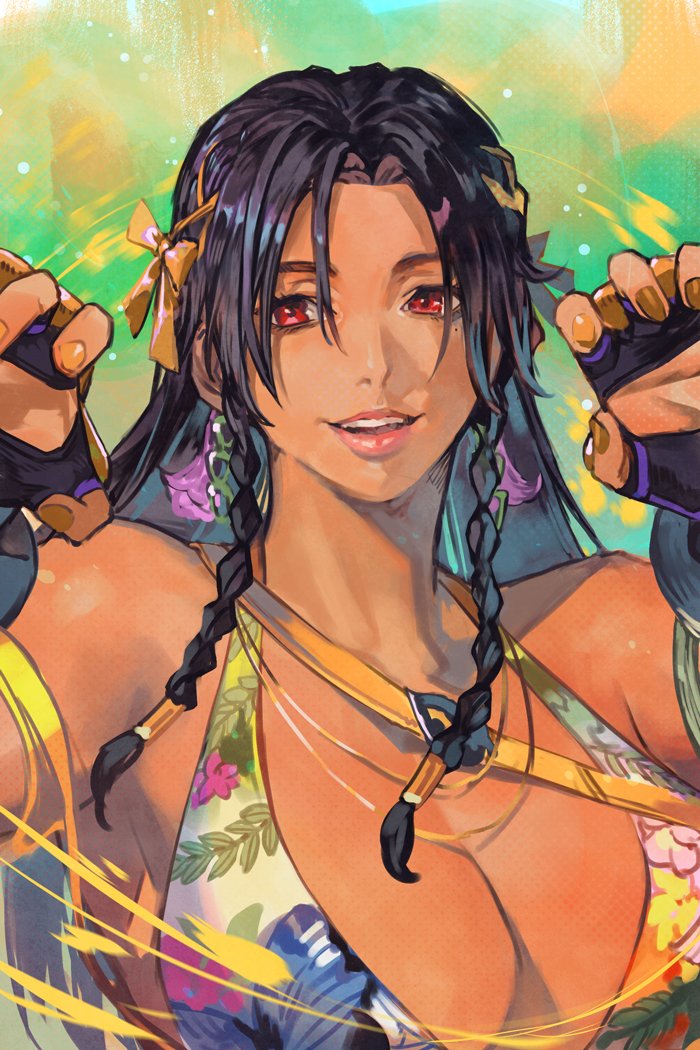 alluring, armband, backwards text, big breasts, bikini, black hair, bra, cleavage, dark skin, dark-skinned female, earrings, female, fingerless gloves, floral print, floral print bikini, gloves, green armband, hungry clicker, jewelry, long hair, looking at viewer, miary zo, multicolored bra, namco, padded gloves, print bikini, red eyes, smile, swimsuit, tekken, tekken 8, underwear, yellow armband, yellow nails