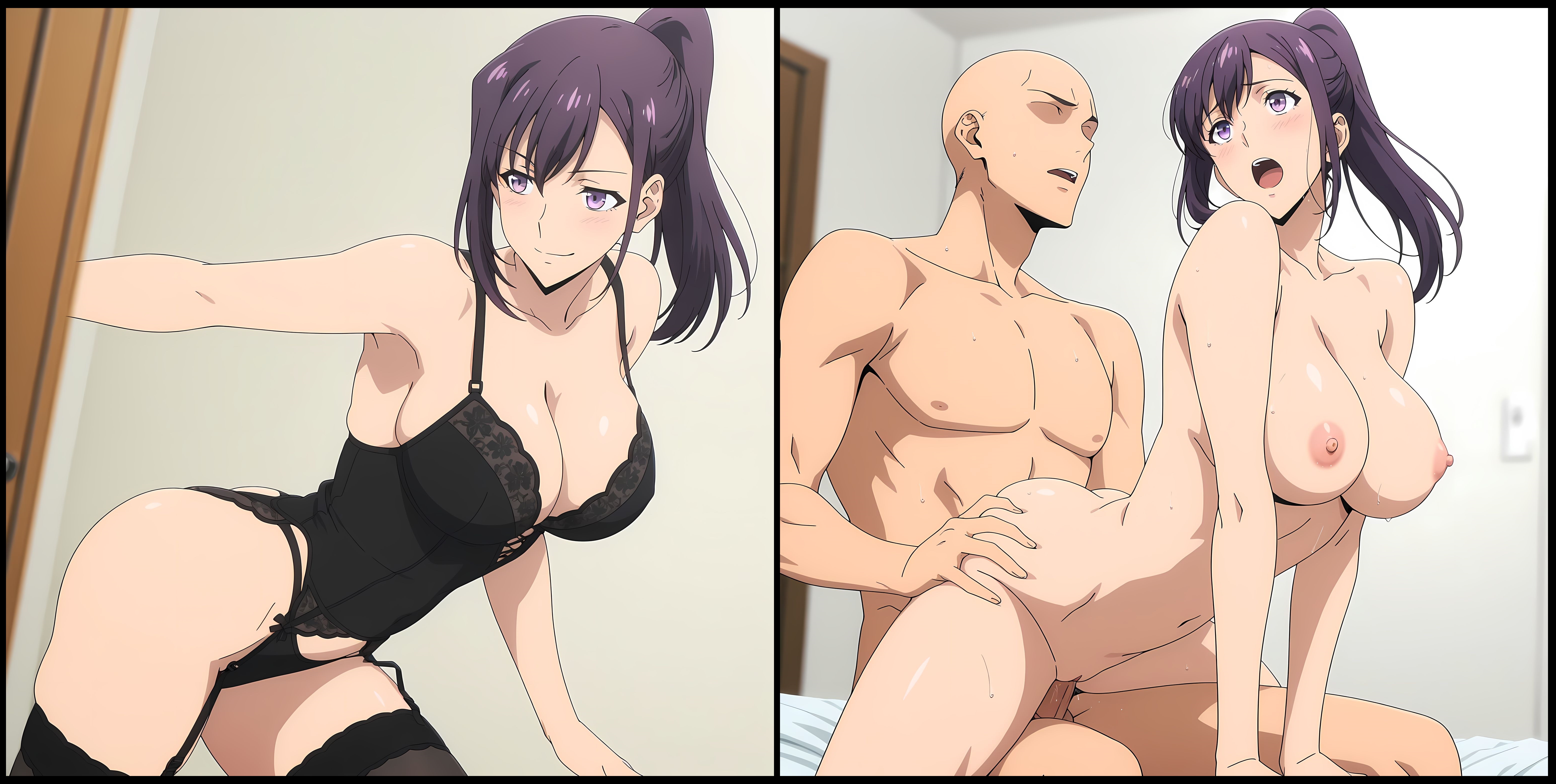 ai generated, black lingerie, leopoldo, naked female, on bed, purple hair, reverse cowgirl position, solo leveling, sung jin-ah