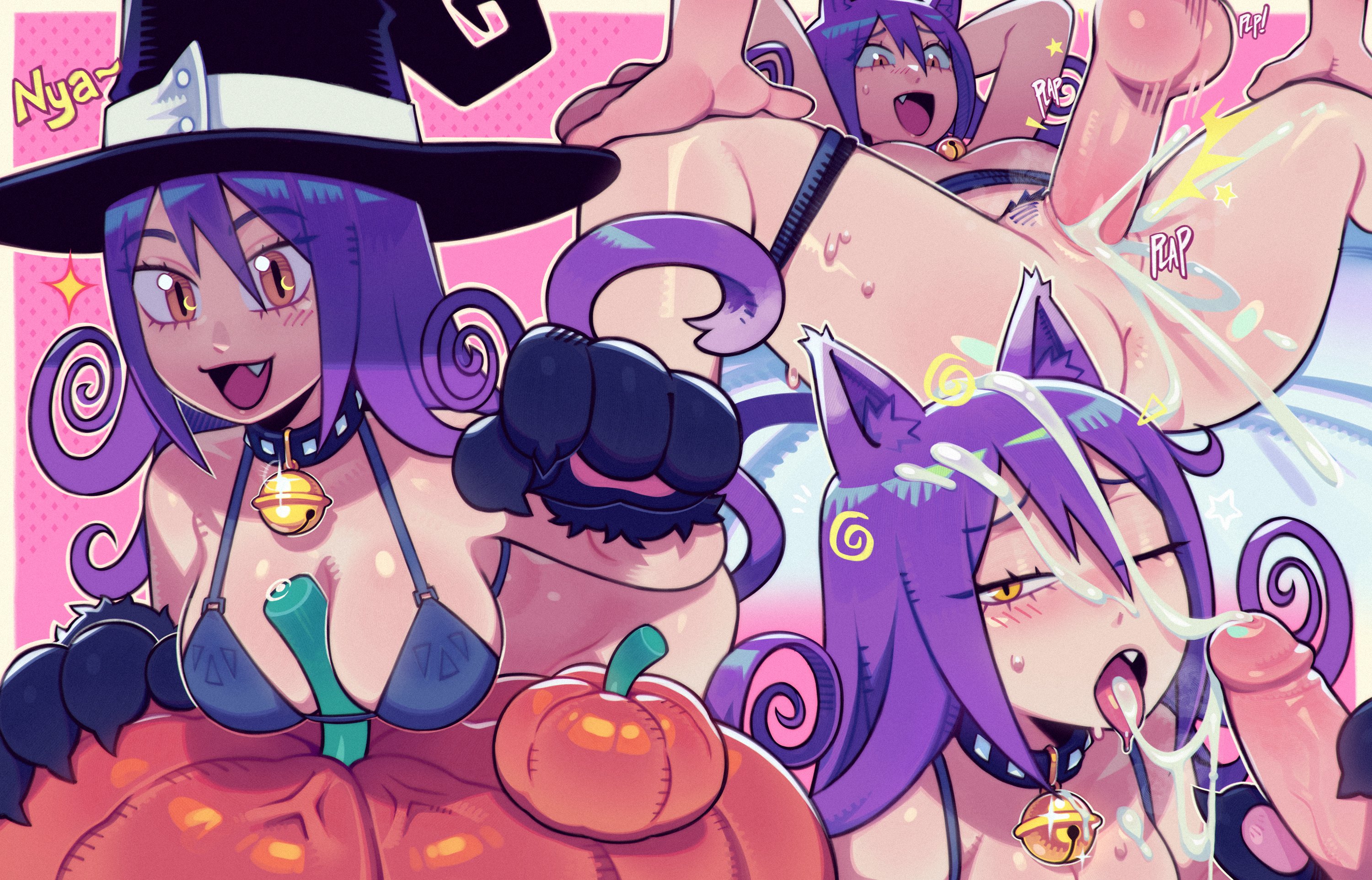 1boy, 1girls, 2d, 2d (artwork), anus, balls, blair (soul eater), breasts, cat ears, catgirl, cum, cum in mouth, cum in pussy, cum inside, cumshot, facial, fang, female, female focus, handjob, male, one eye closed, onomatopoeia, paizuri, penis, pumpkin, purple hair, pussy, soul eater, speedosausage, sweat, sweatdrop, tongue out, vaginal penetration, very high resolution, witch hat, yellow eyes