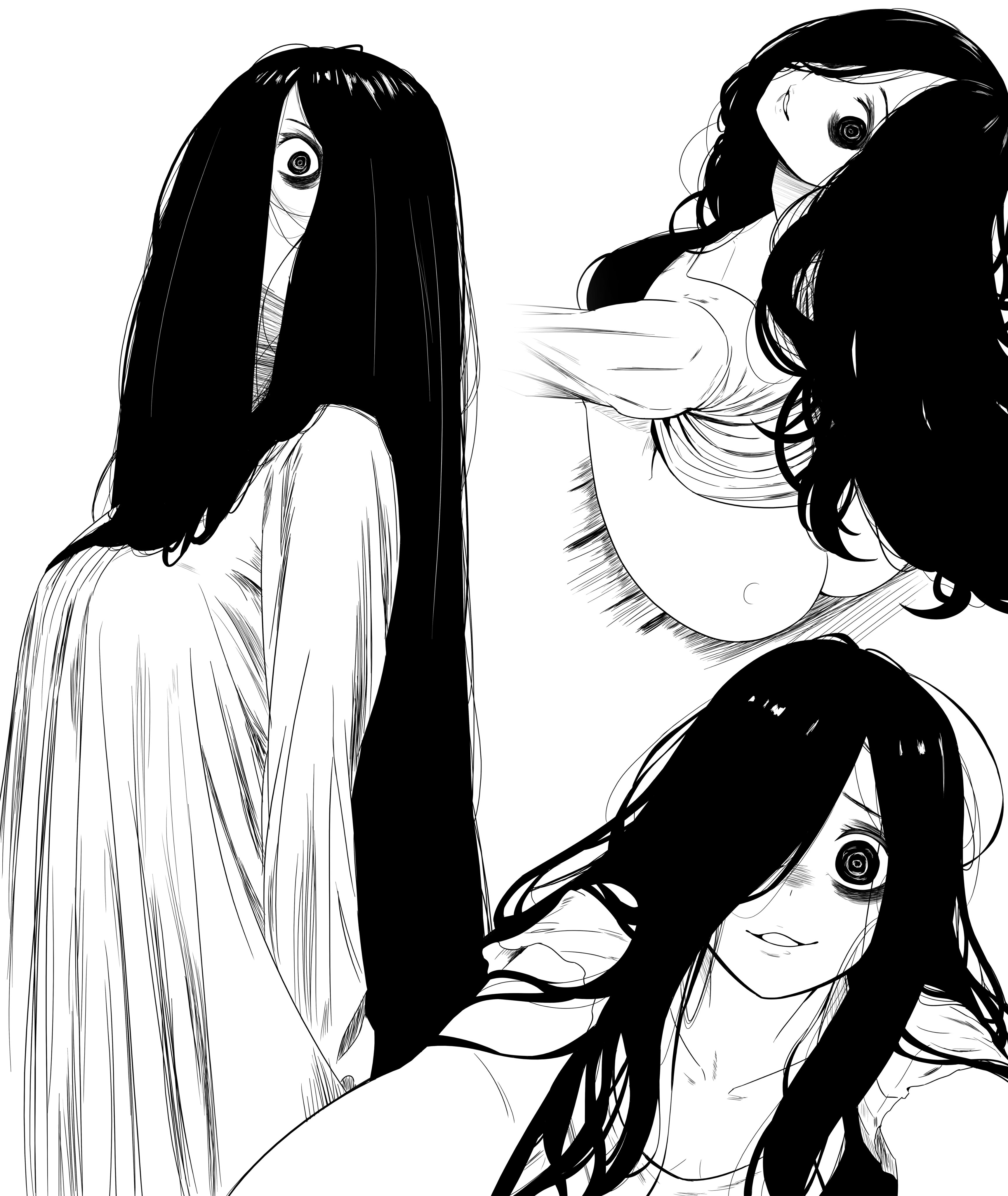 absurdres, ass, clothes lift, crazy eyes, dress, dress lift, female, grin, hair over one eye, highres, long hair, looking at viewer, looking up, lughost, no panties, smile, teeth, the ring, very long hair, yamamura sadako