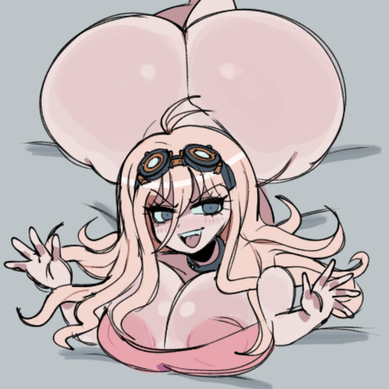 1girls, areolae, ass, ass bigger than head, ass bigger than torso, ass focus, big ass, big breasts, blonde hair, bottom heavy, bottomless, bottomless female, breasts, bubble butt, clothing, danganronpa, danganronpa v3, face down ass up, fat ass, female, female only, goggles, goggles on head, huge ass, hyper, hyper ass, iruma miu, large ass, looking at viewer, looking up, massive ass, mstreetsamurai, smile, solo, strawberry blonde hair, thick ass, thick thighs, thunder thighs, top-down bottom-up, wide hips
