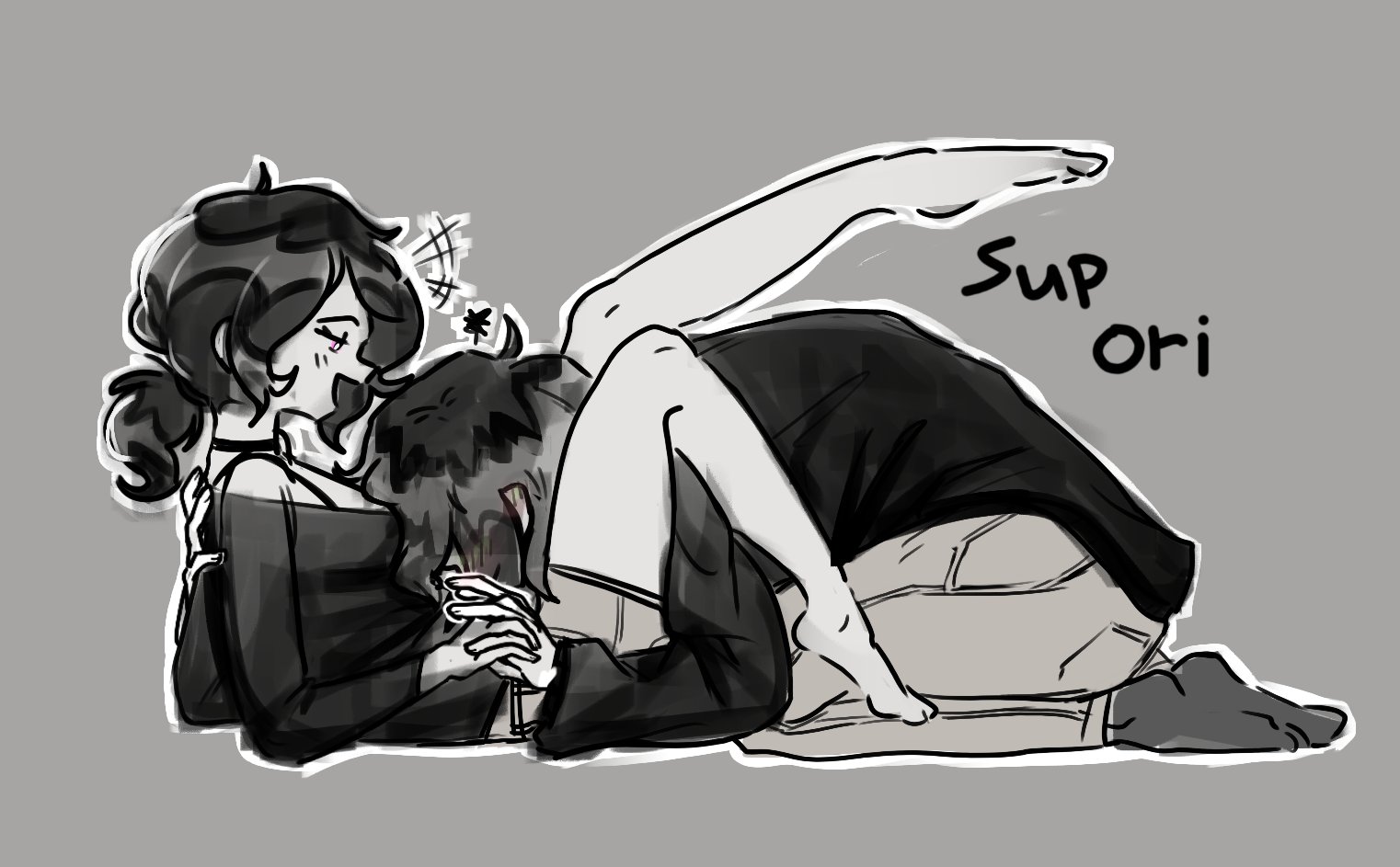 1boy, 1girls, 2d, andrew graves, arrow legs, arrow pose, ashley graves, black hair, blush, brother and sister, clothed, feet, female, hand holding, head between legs, head between thighs, holding hands, incest, kneeling, legs, legs up, male, siblings, stockings, straight, supori, the coffin of andy and leyley