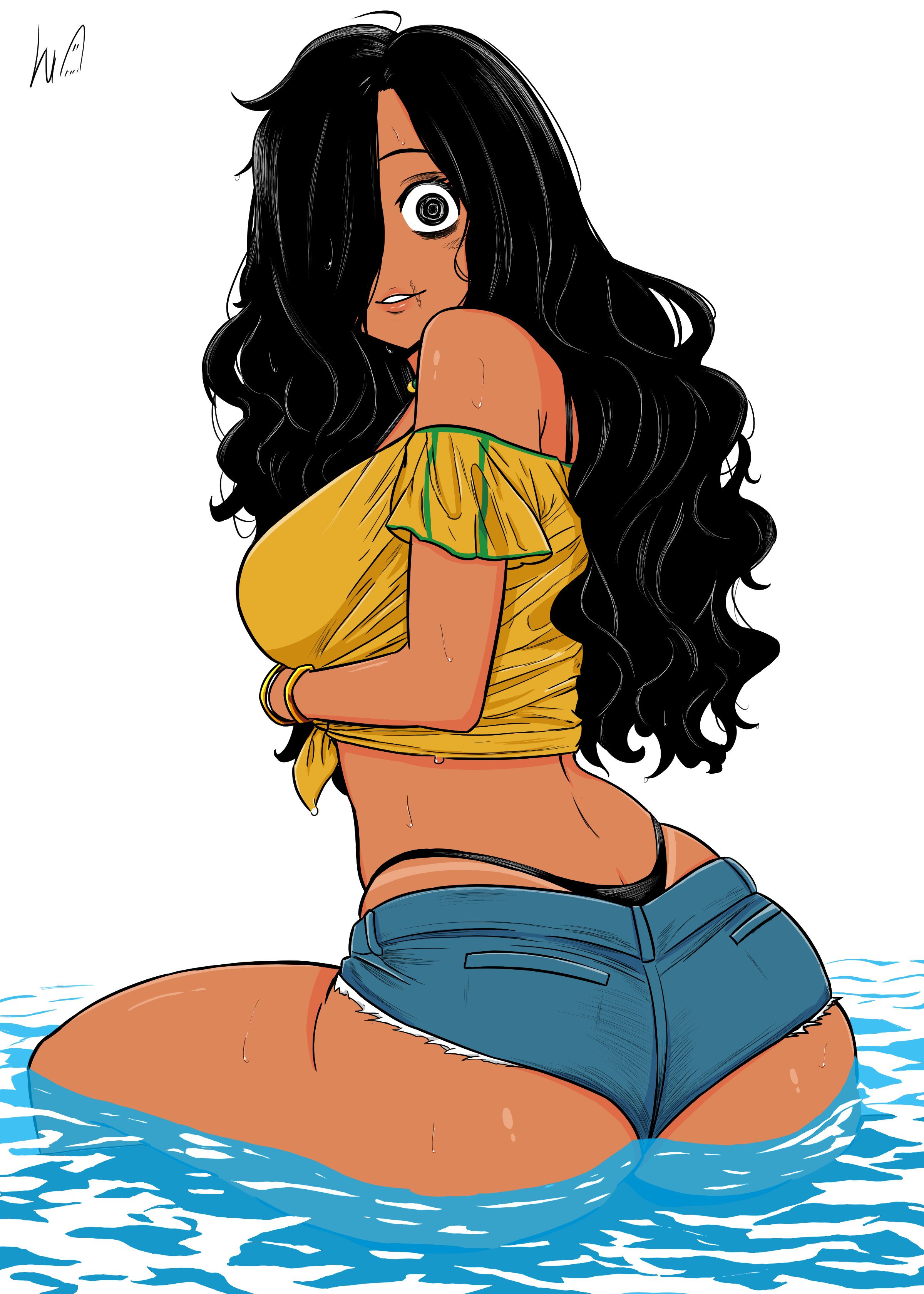 @ @, absurdres, alternate skin color, ass, backless bikini bottom, bikini, bikini tan, bikini under clothes, black hair, brazilian miku (cosplay), brazilian sadako, breasts, brown lips, commentary, cosplay, crop top, dark skin, dark-skinned female, denim, denim shorts, english commentary, feet out of frame, female, from behind, hair over one eye, highres, large breasts, long hair, looking at viewer, looking back, lughost, off shoulder, partially submerged, poolside, scar, scar on face, scar on mouth, shirt, short shorts, shorts, sitting, solo, swimsuit, tan, tanline, tanline peek, the ring, underbutt, variant set, vocaloid, water, wavy hair, wet, wet clothes, wet shirt, whale tail (clothing), yamamura sadako