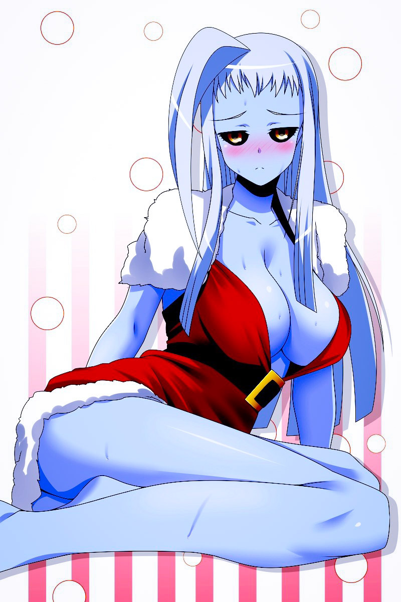 belt big_breasts black_sclera blue_skin breasts bubbles cleavage clothing dali-puff dullahan embarrassed female female_only fully_clothed gold_eyes hair humanoid lala_(monster_musume) long_hair monster_girl monster_musume_no_iru_nichijou santa_costume simple_background sitting white_hair